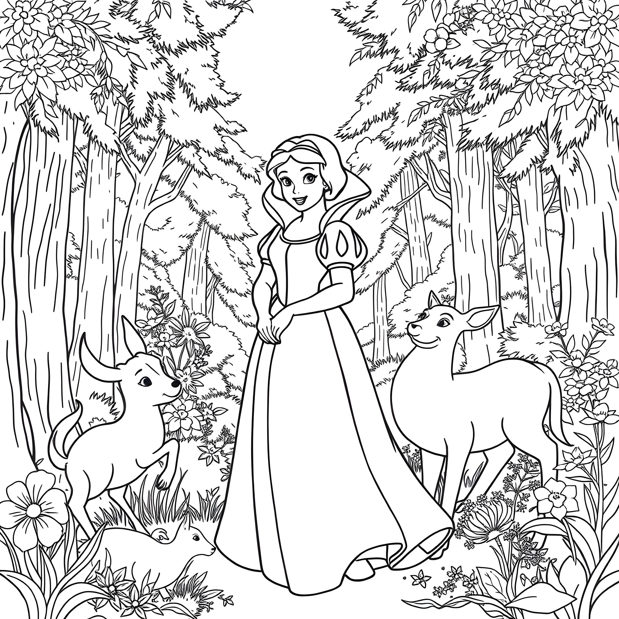 Snow White in the enchanted forest with forest animals Coloring Page (free black-and-white line drawing printable PDF for all, from beginners to advanced learners, including children, teens, adults, and seniors)