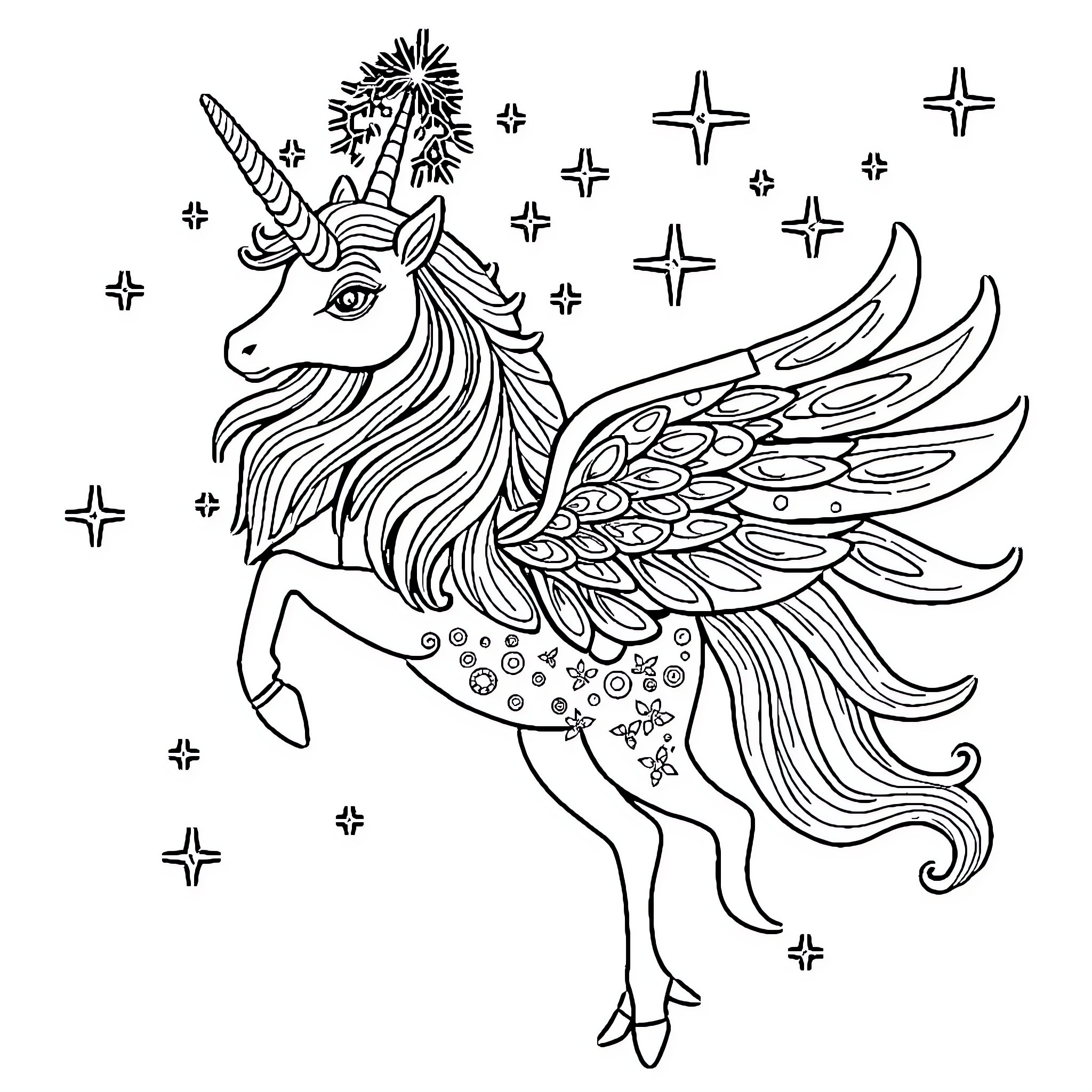 Unicorn with Majestic Wings and Starry Backdrop Coloring Page (free black-and-white line drawing printable PDF for all, from beginners to advanced learners, including children, teens, adults, and seniors)