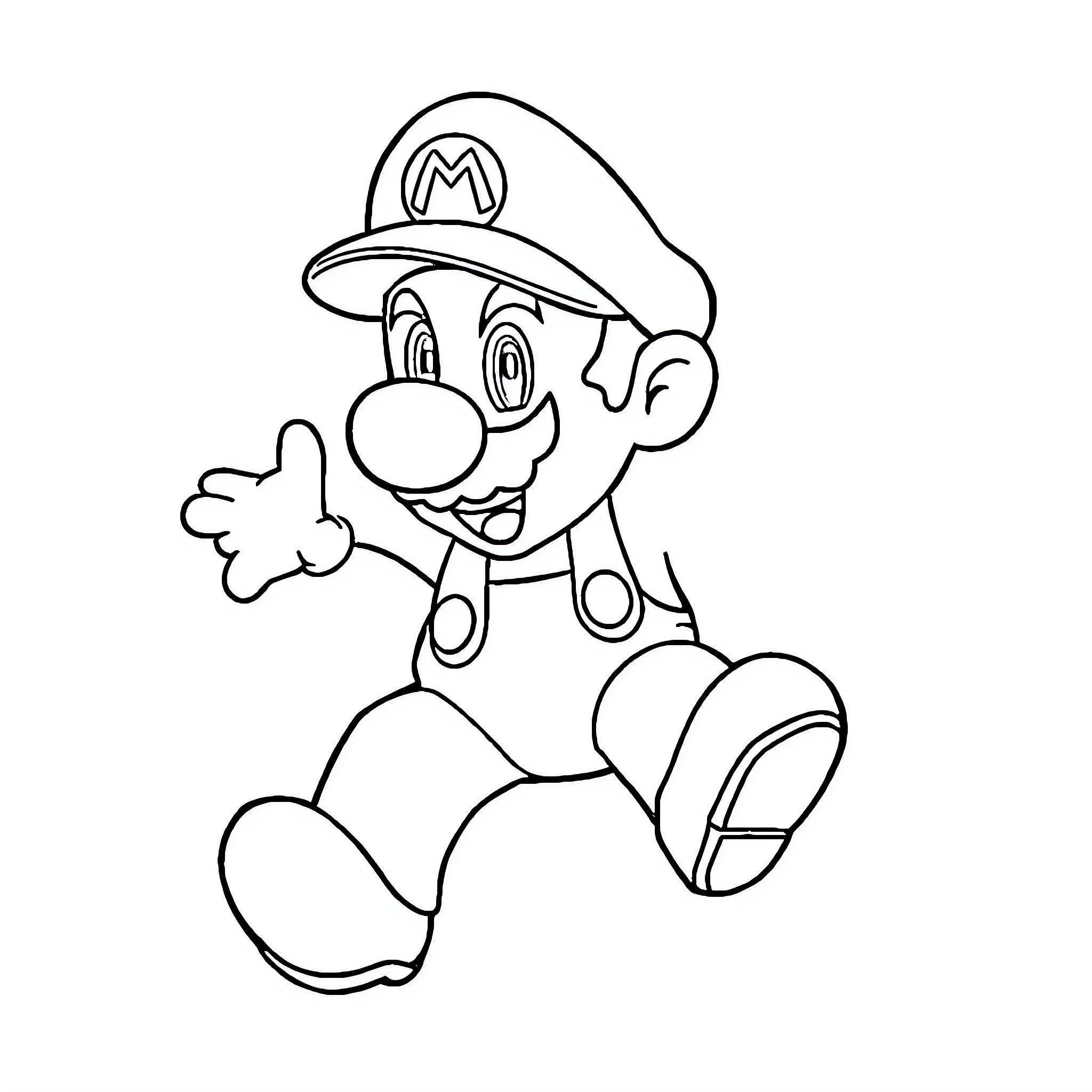 Mario in a Playful Pose Coloring Page (free black-and-white line drawing printable PDF for all, from beginners to advanced learners, including children, teens, adults, and seniors)