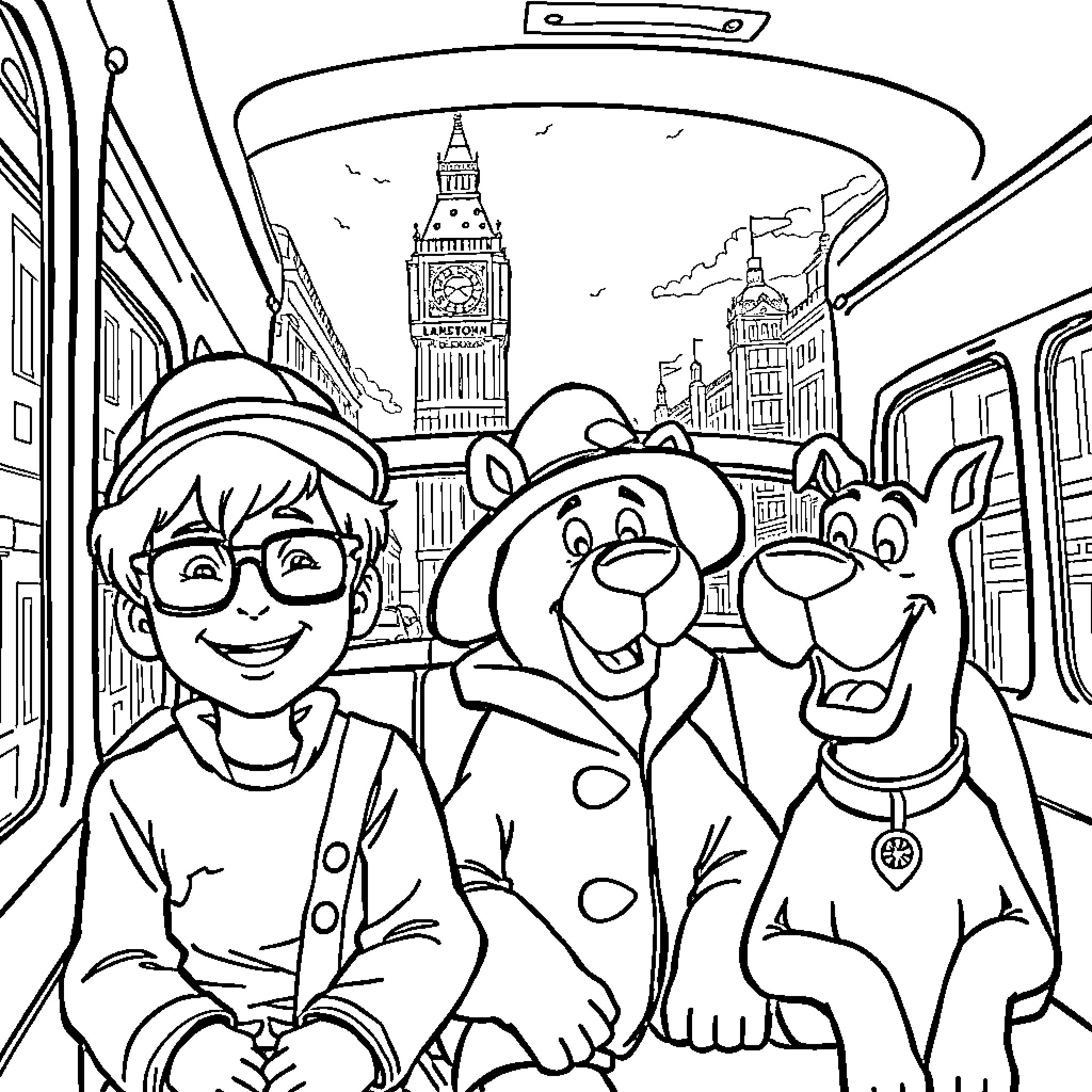 Boy and his dog exploring the city together Coloring Page (free black-and-white line drawing printable PDF for all, from beginners to advanced learners, including children, teens, adults, and seniors)