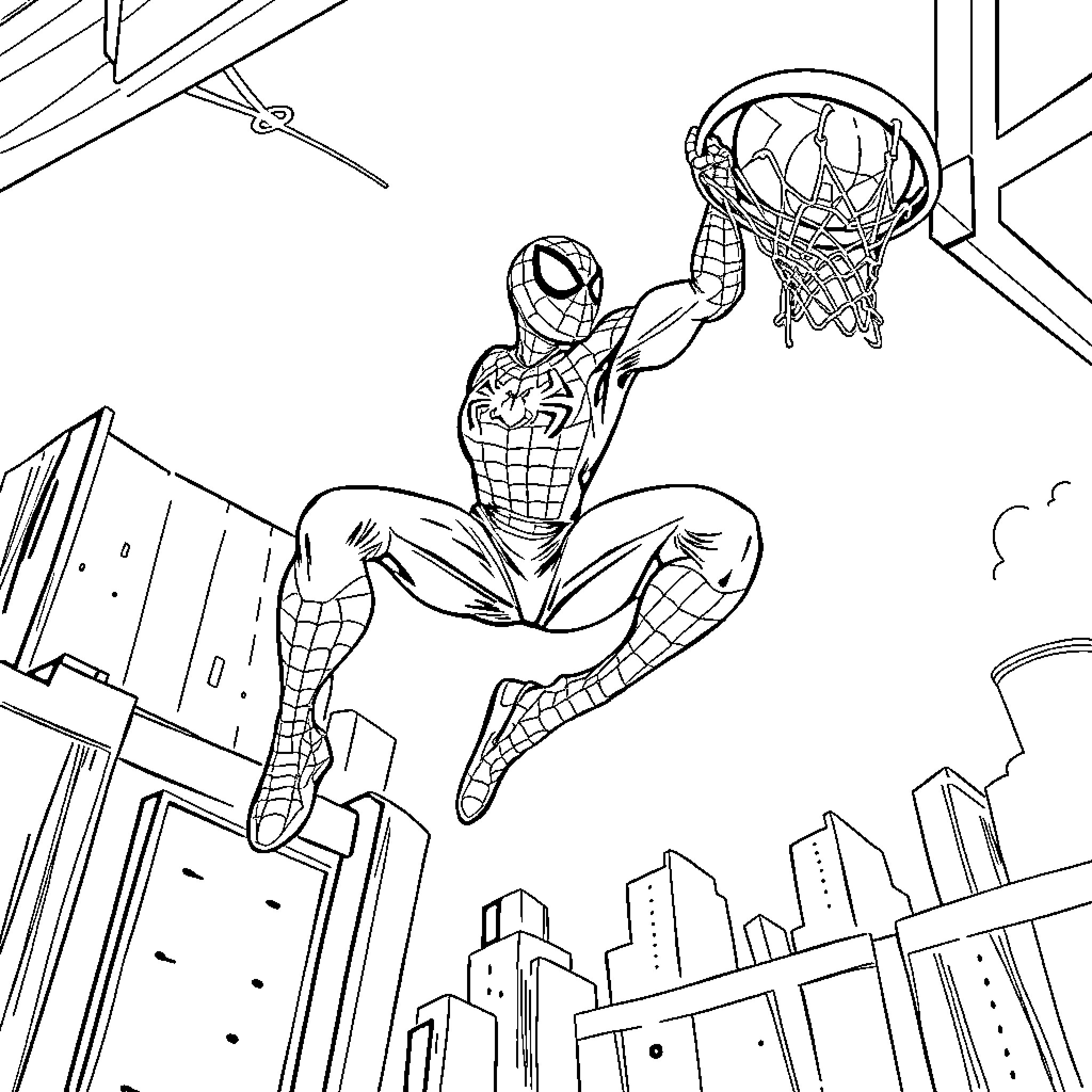 Spider-Man swinging through the city and dunking on a hoop Coloring Page (free black-and-white line drawing printable PDF for all, from beginners to advanced learners, including children, teens, adults, and seniors)