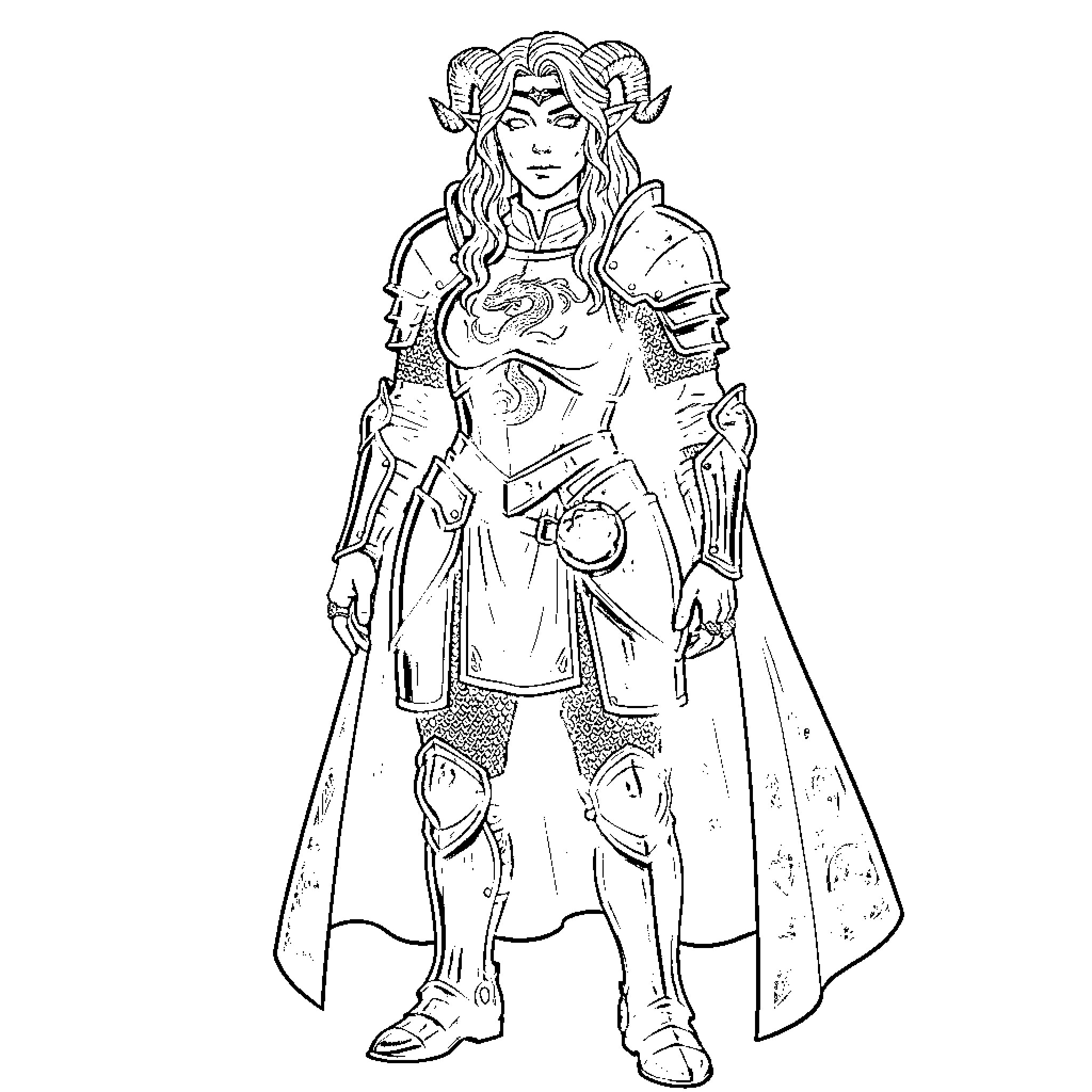 Warrior in ornate armor standing with a stoic expression Coloring Page (free black-and-white line drawing printable PDF for all, from beginners to advanced learners, including children, teens, adults, and seniors)