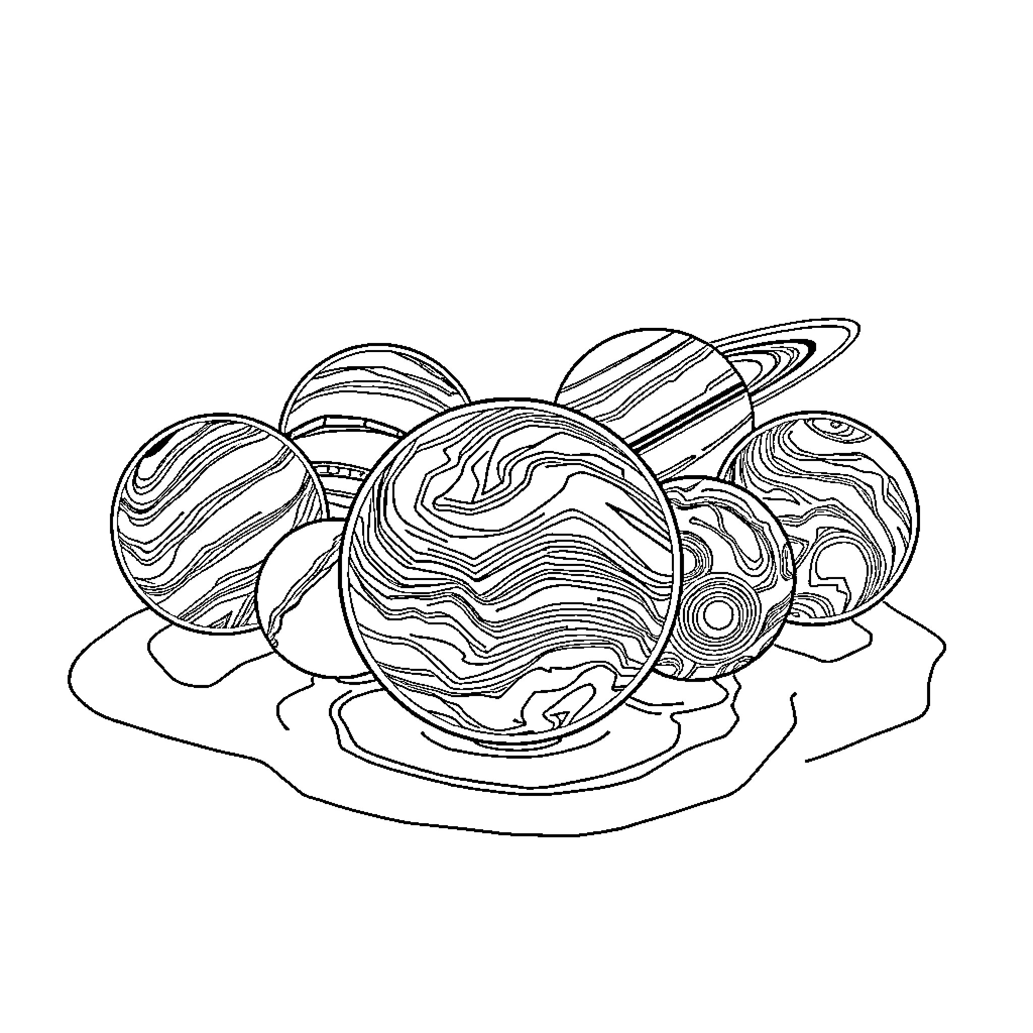 Solar System with Marbled Planets Coloring Page (free black-and-white line drawing printable PDF for all, from beginners to advanced learners, including children, teens, adults, and seniors)