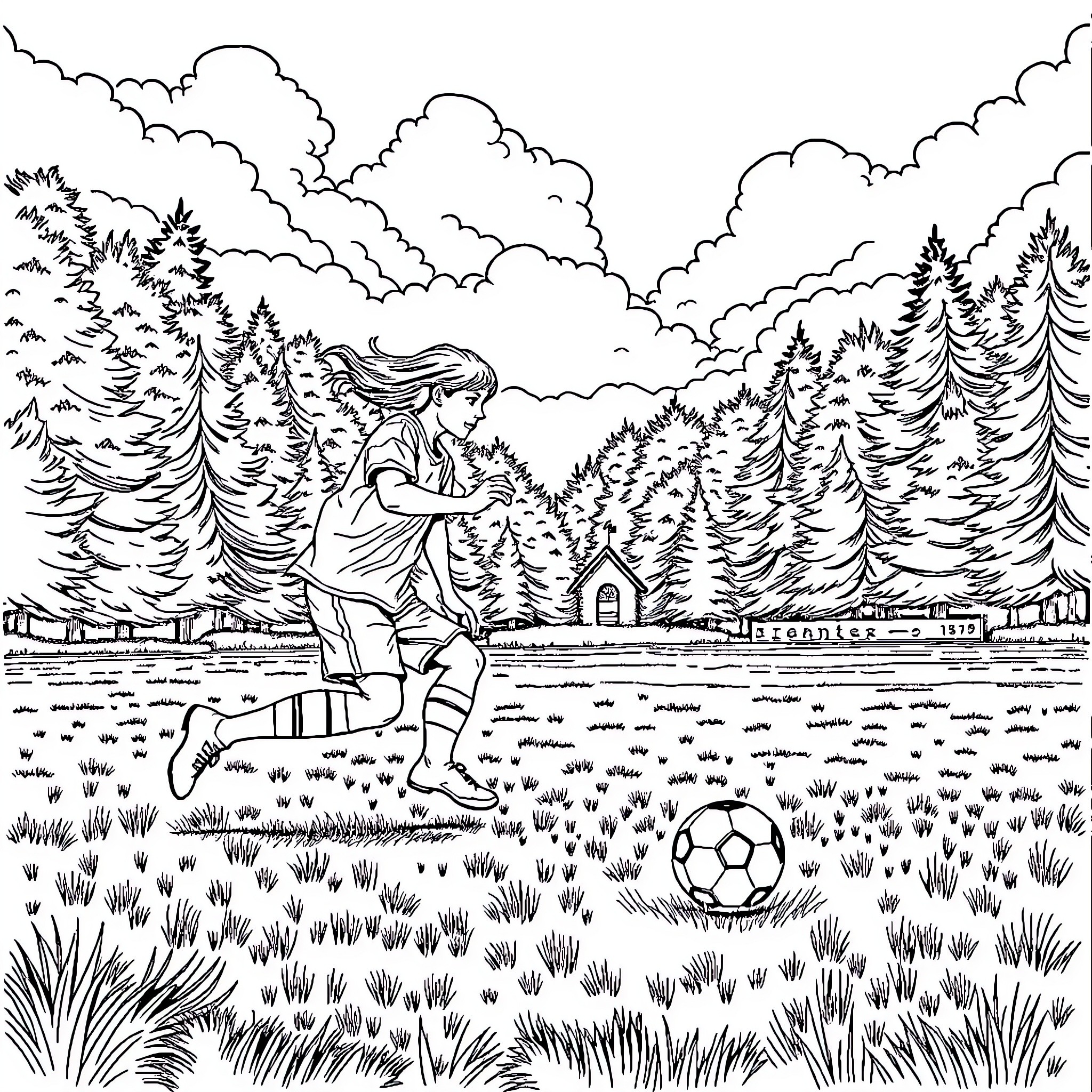 Huntrix Playing Football in the Forest Coloring Page (free black-and-white line drawing printable PDF for all, from beginners to advanced learners, including children, teens, adults, and seniors)