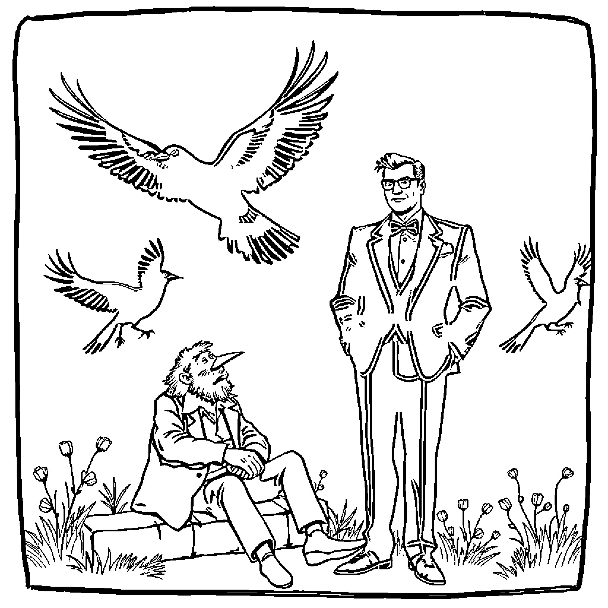 Man in formal attire observing birds in nature Coloring Page (free black-and-white line drawing printable PDF for all, from beginners to advanced learners, including children, teens, adults, and seniors)