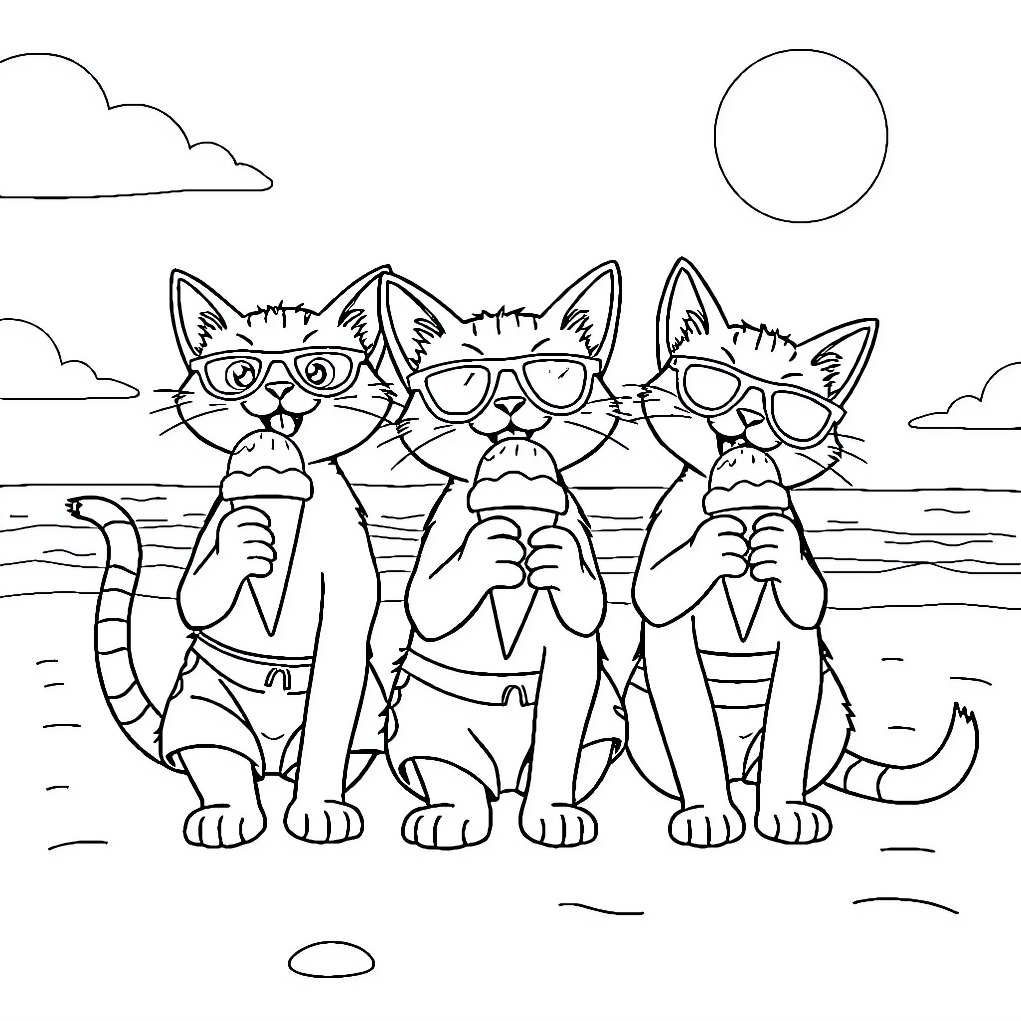 Cats wearing sunglasses on the beach Coloring Page (free black-and-white line drawing printable PDF for all, from beginners to advanced learners, including children, teens, adults, and seniors)