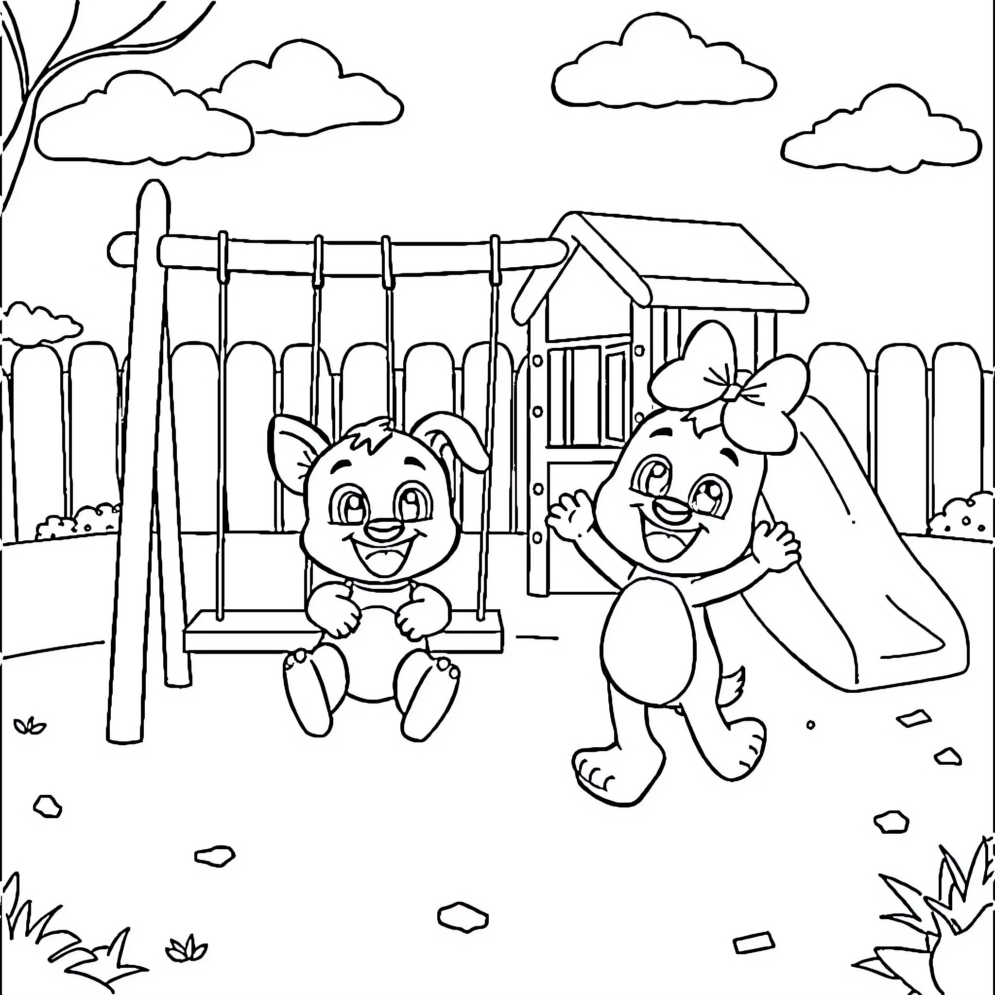 Bluey and Bingo playing happily at the playground Coloring Page (free black-and-white line drawing printable PDF for all, from beginners to advanced learners, including children, teens, adults, and seniors)