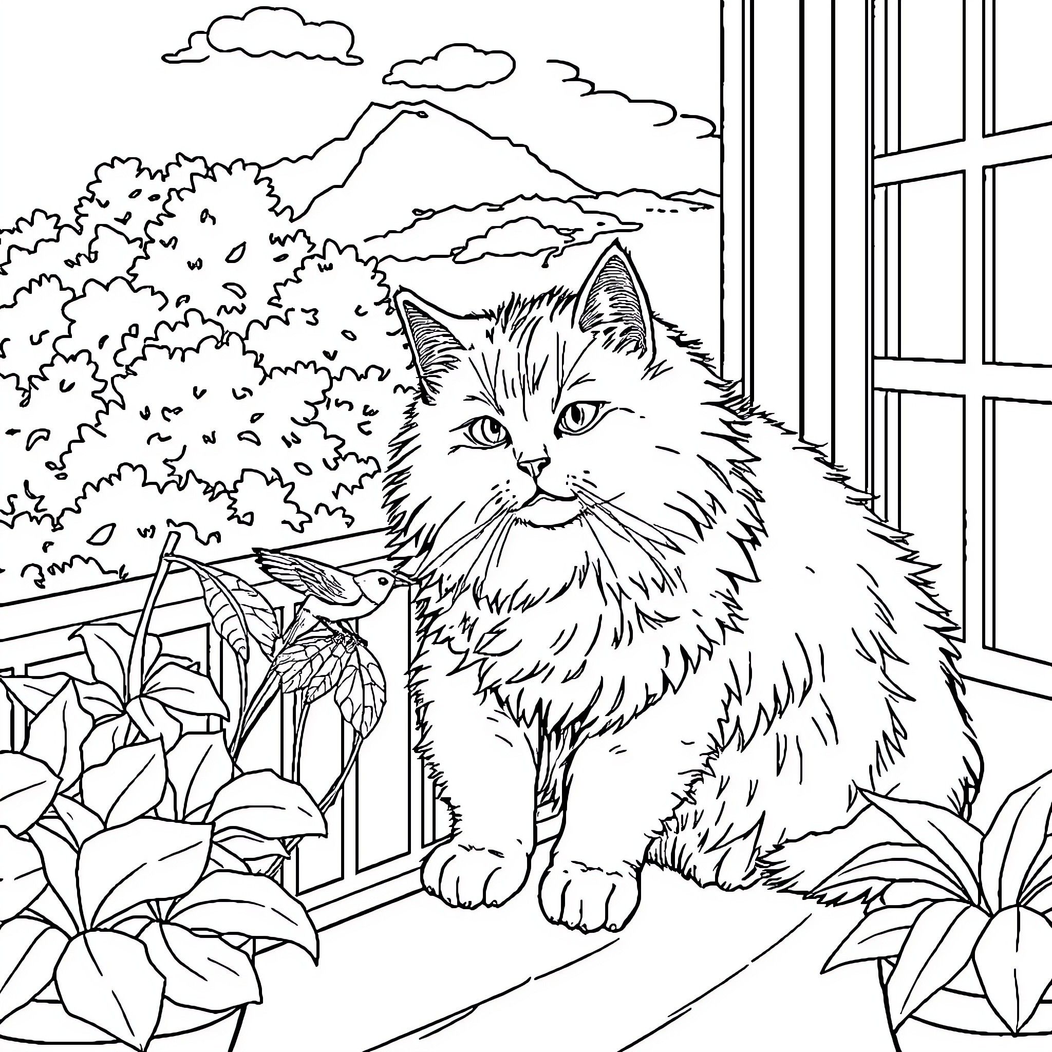 Cat by the Window in a Garden Coloring Page (free black-and-white line drawing printable PDF for all, from beginners to advanced learners, including children, teens, adults, and seniors)