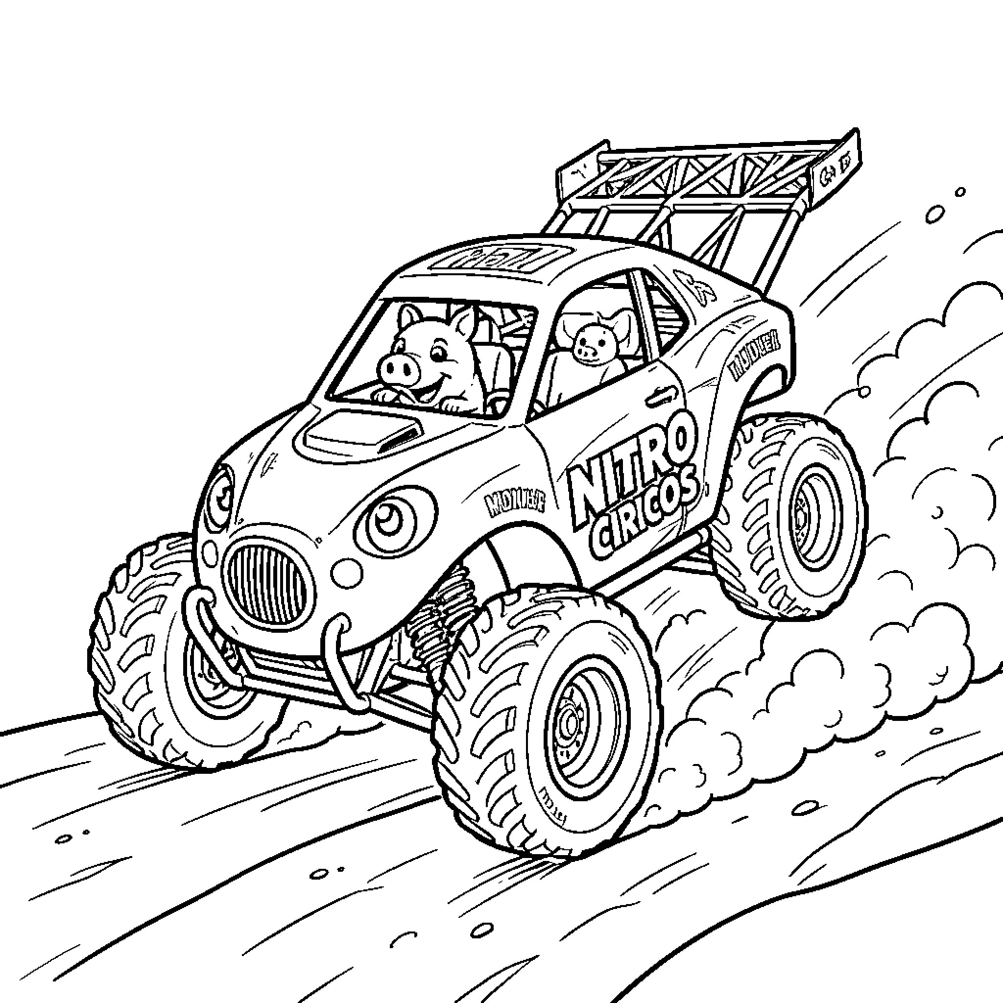 Pigmobile racing excitedly in a high-speed monster truck Coloring Page (free black-and-white line drawing printable PDF for all, from beginners to advanced learners, including children, teens, adults, and seniors)