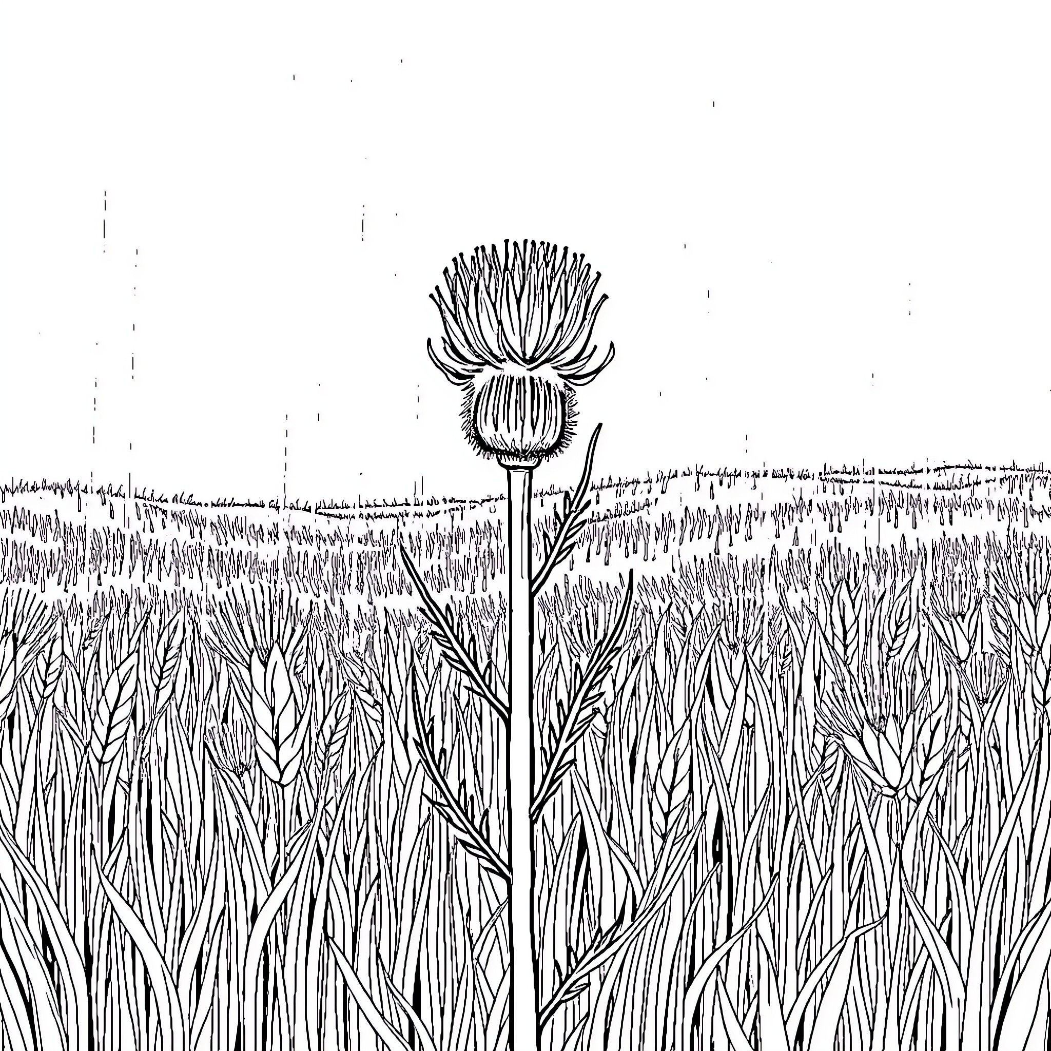 Thistle blooming amidst a field of grasses Coloring Page (free black-and-white line drawing printable PDF for all, from beginners to advanced learners, including children, teens, adults, and seniors)