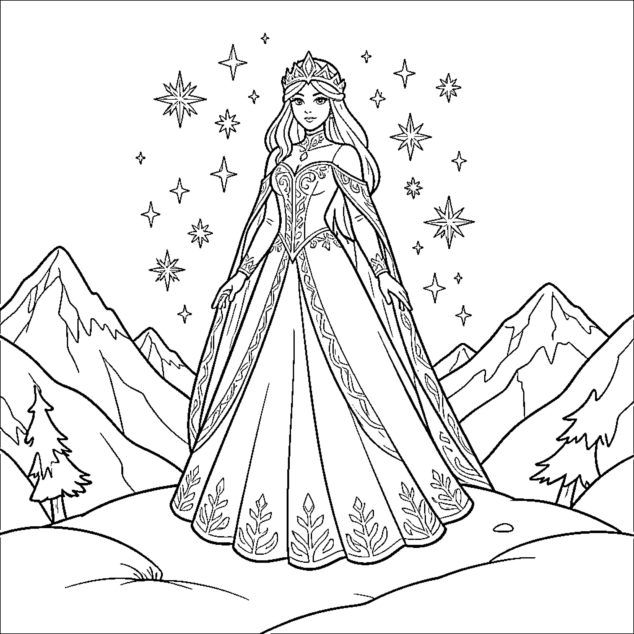 Snow Queen wearing a crown standing amidst stars and mountains Coloring Page (free black-and-white line drawing printable PDF for all, from beginners to advanced learners, including children, teens, adults, and seniors)