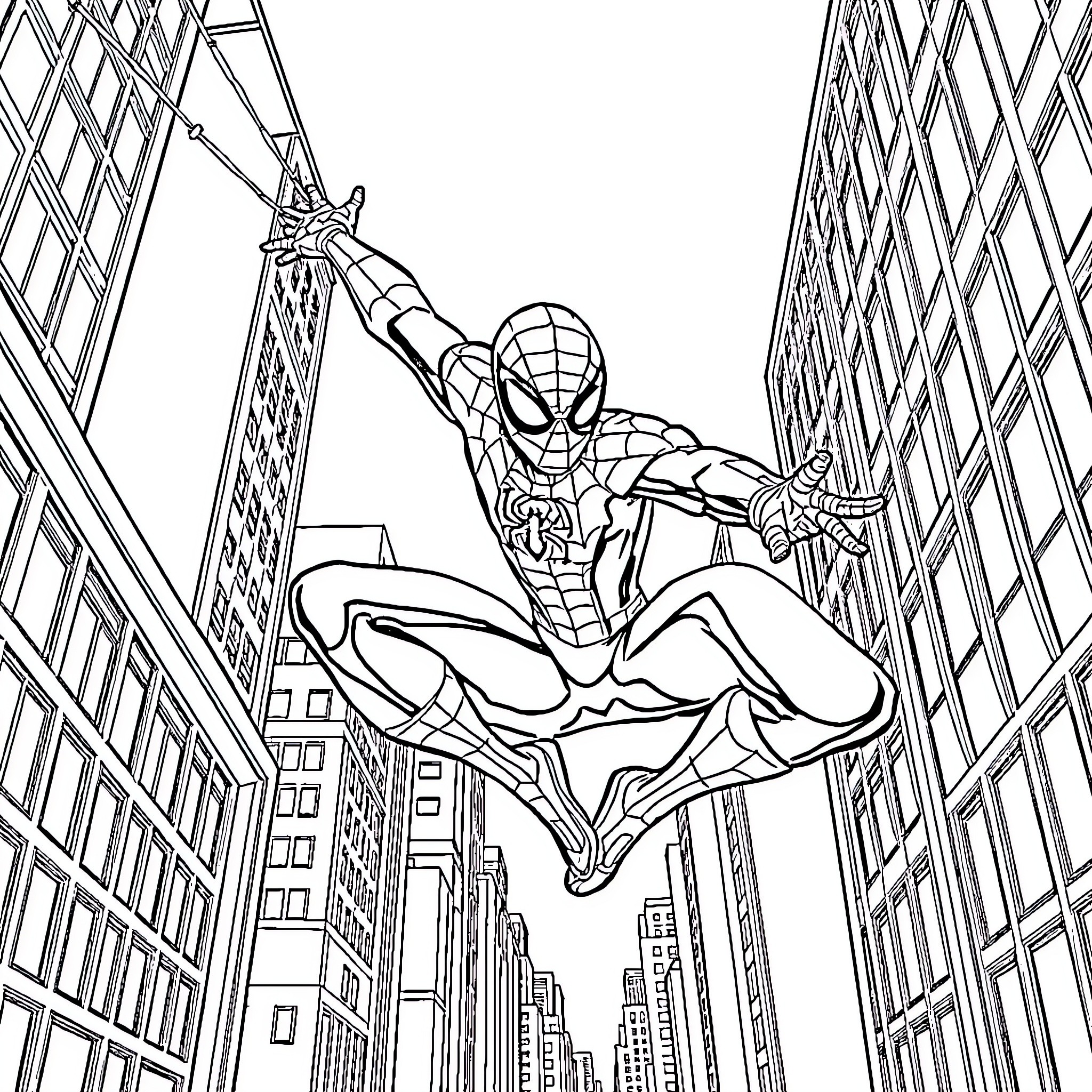 Spiderman swinging heroically through the city skyline Coloring Page (free black-and-white line drawing printable PDF for all, from beginners to advanced learners, including children, teens, adults, and seniors)