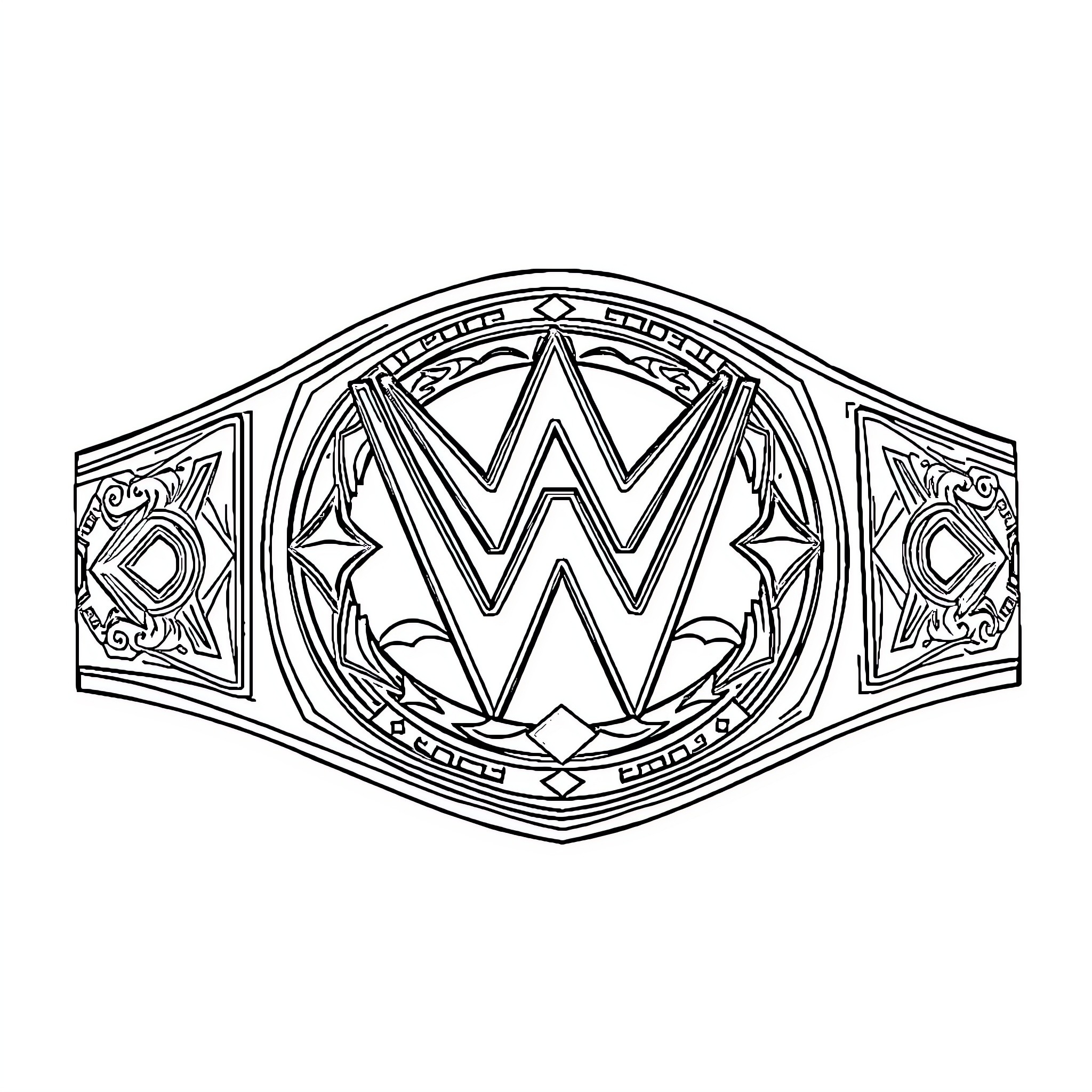 WWE Championship Belt with Ornate Design Coloring Page (free black-and-white line drawing printable PDF for all, from beginners to advanced learners, including children, teens, adults, and seniors)