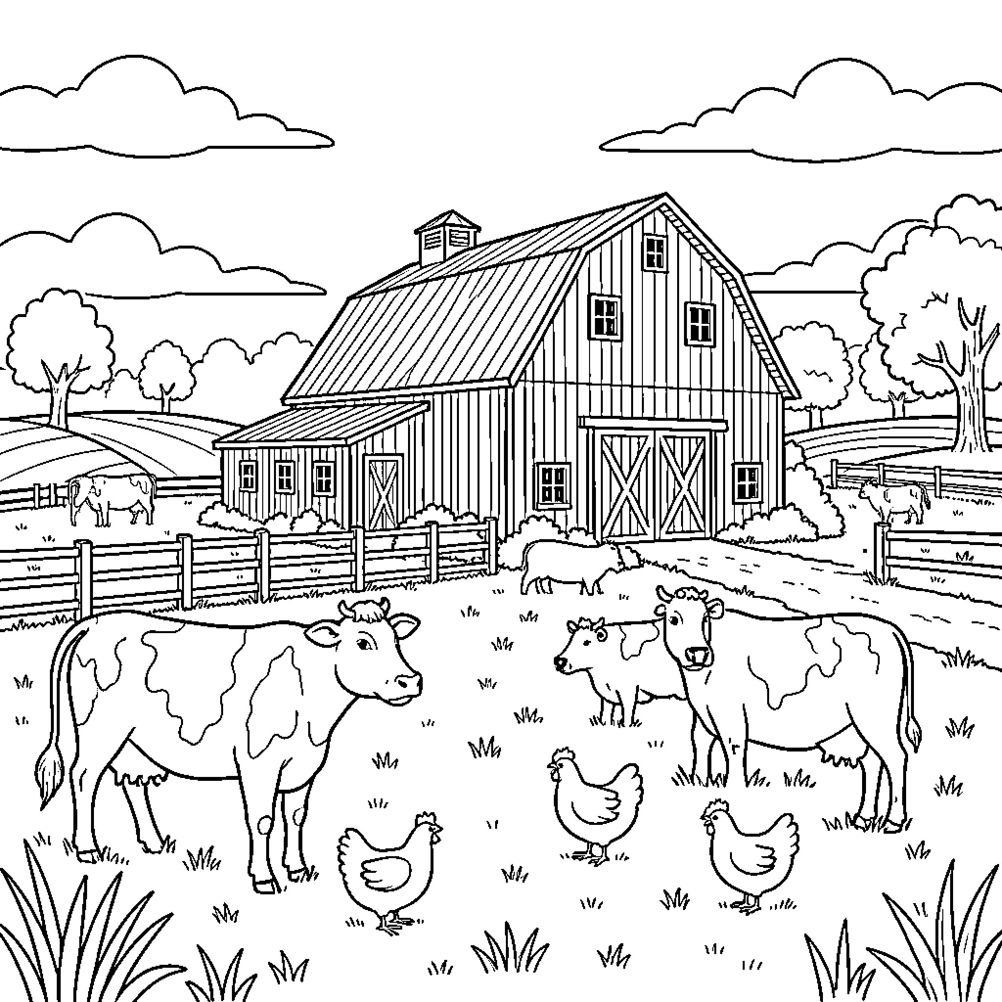 Farm animals grazing peacefully in a rural field Coloring Page (free black-and-white line drawing printable PDF for all, from beginners to advanced learners, including children, teens, adults, and seniors)