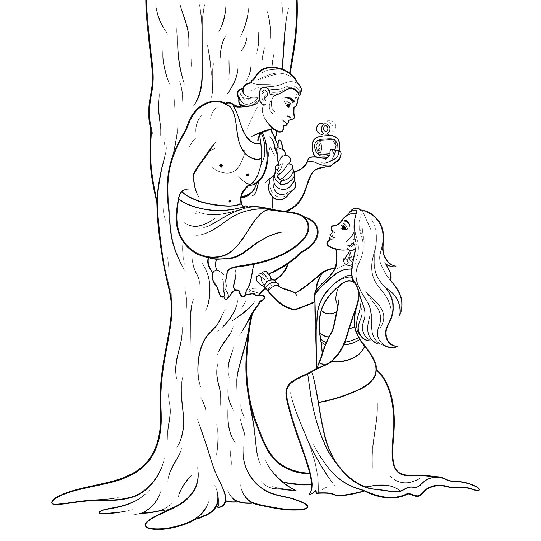 Hanuman assisting Sita with divine fruit in the forest Coloring Page (free black-and-white line drawing printable PDF for all, from beginners to advanced learners, including children, teens, adults, and seniors)