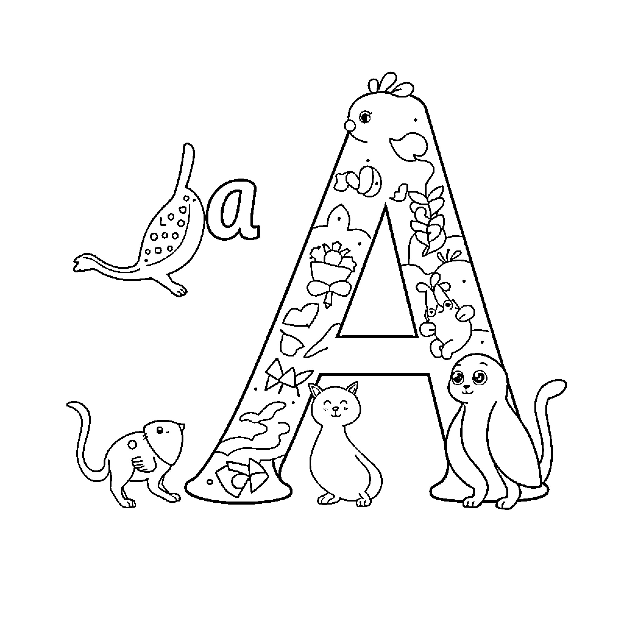 Letter A with Playful Animals Coloring Page (free black-and-white line drawing printable PDF for all, from beginners to advanced learners, including children, teens, adults, and seniors)