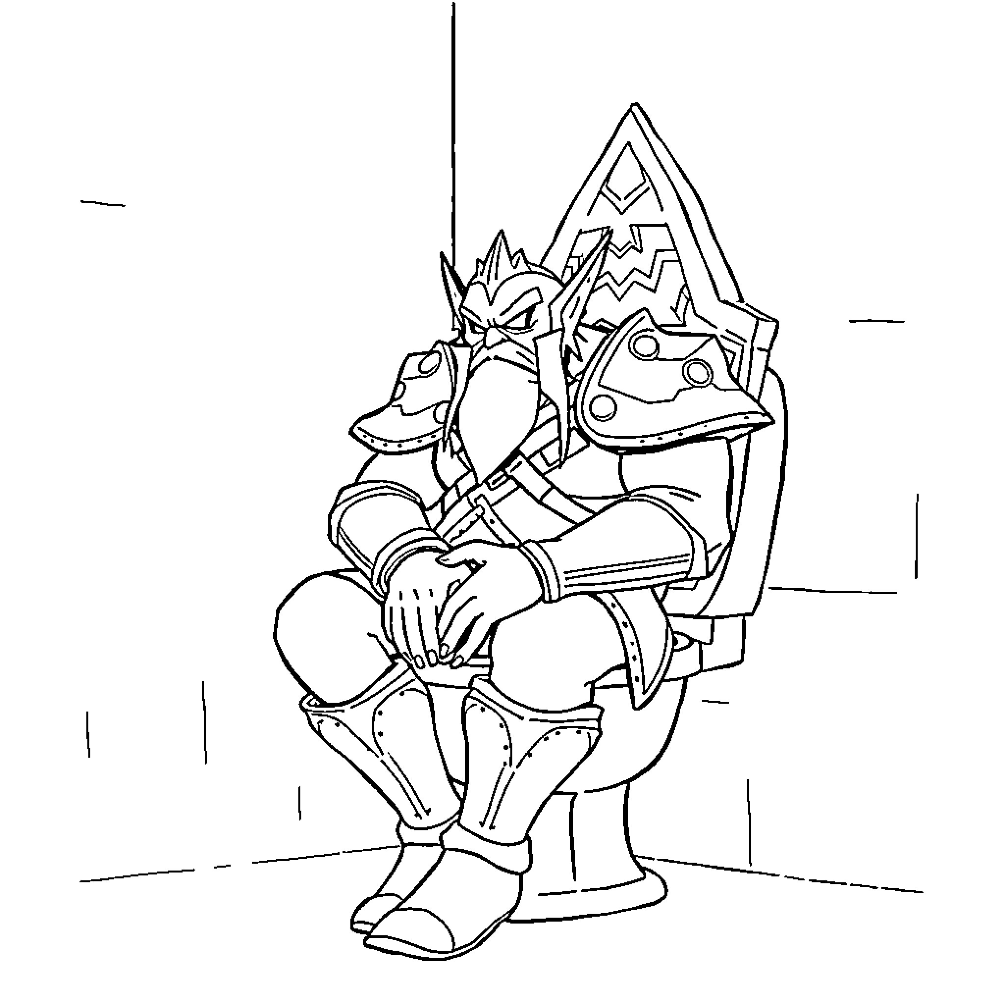 Ganondorf in menacing pose with dark helmet Coloring Page (free black-and-white line drawing printable PDF for all, from beginners to advanced learners, including children, teens, adults, and seniors)