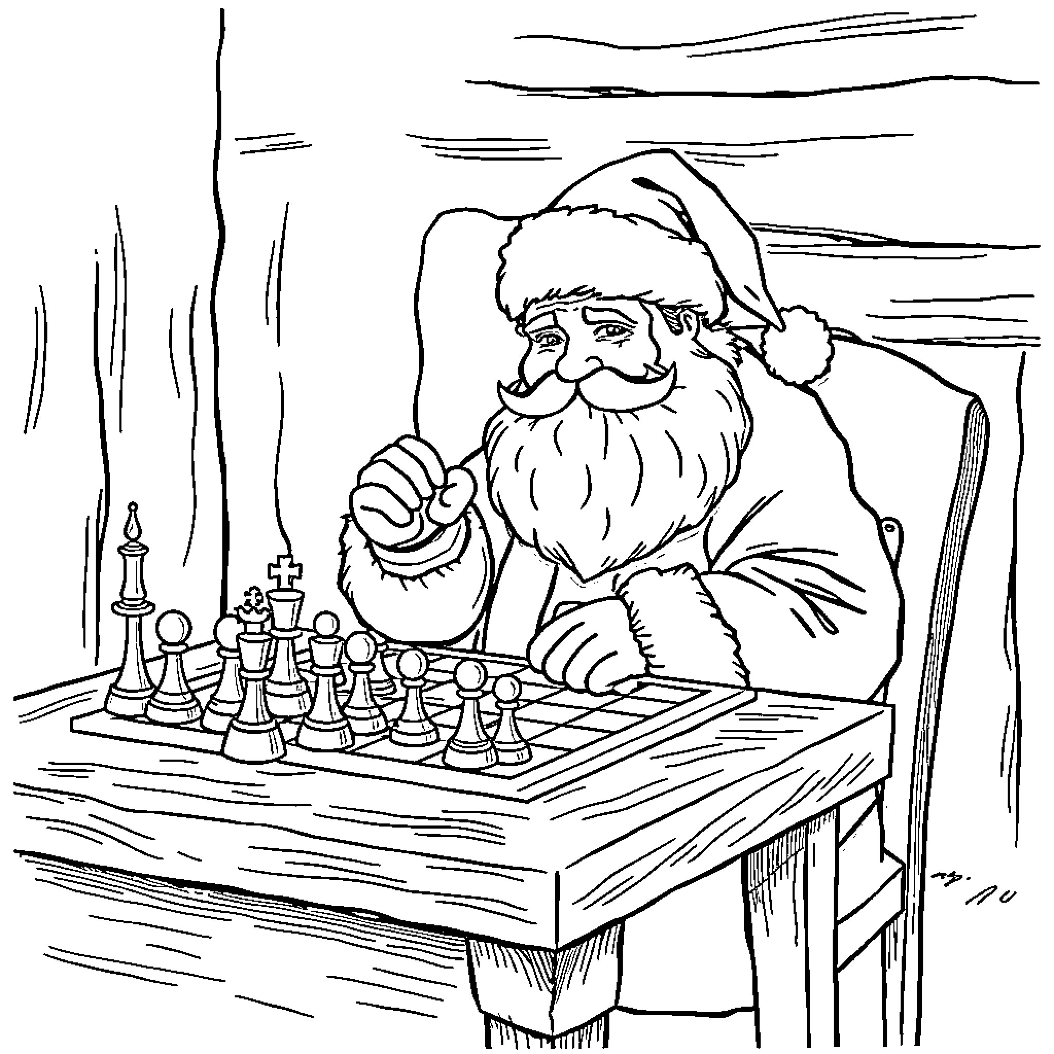 Santa Playing Chess in a Cozy Winter Scene Coloring Page (free black-and-white line drawing printable PDF for all, from beginners to advanced learners, including children, teens, adults, and seniors)