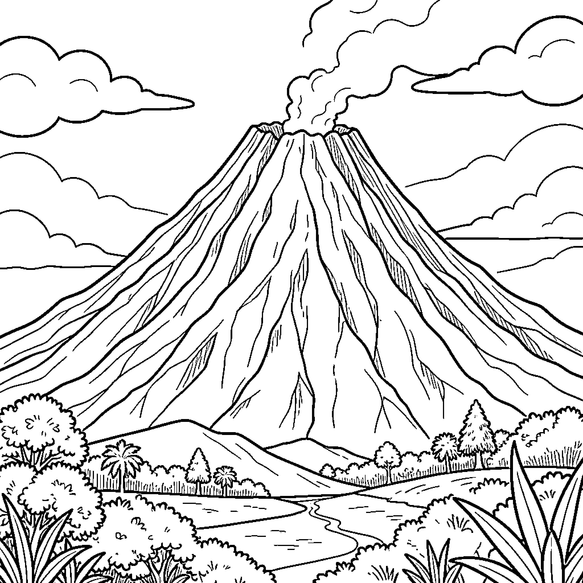 Volcano eruption in a lush landscape Coloring Page (free black-and-white line drawing printable PDF for all, from beginners to advanced learners, including children, teens, adults, and seniors)