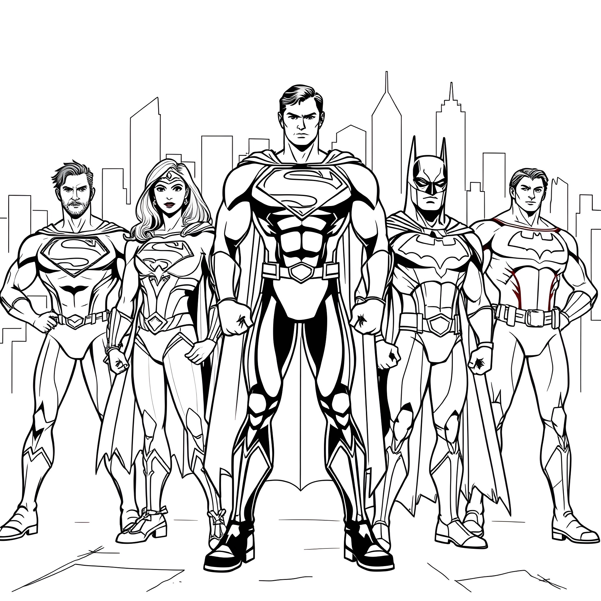 Justice League heroes united in the city Coloring Page (free black-and-white line drawing printable PDF for all, from beginners to advanced learners, including children, teens, adults, and seniors)
