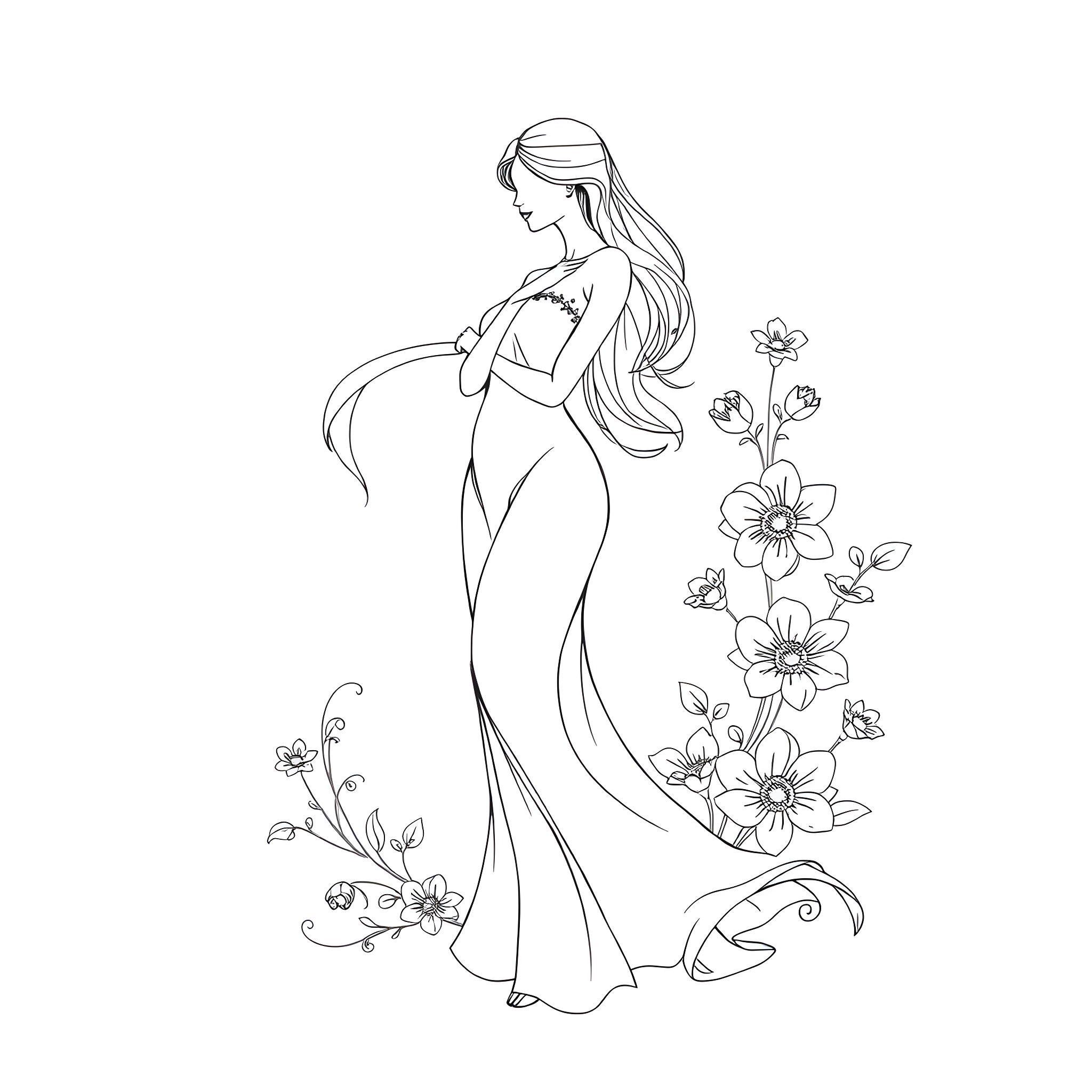 Woman in elegant floral dress Coloring Page (free black-and-white line drawing printable PDF for all, from beginners to advanced learners, including children, teens, adults, and seniors)