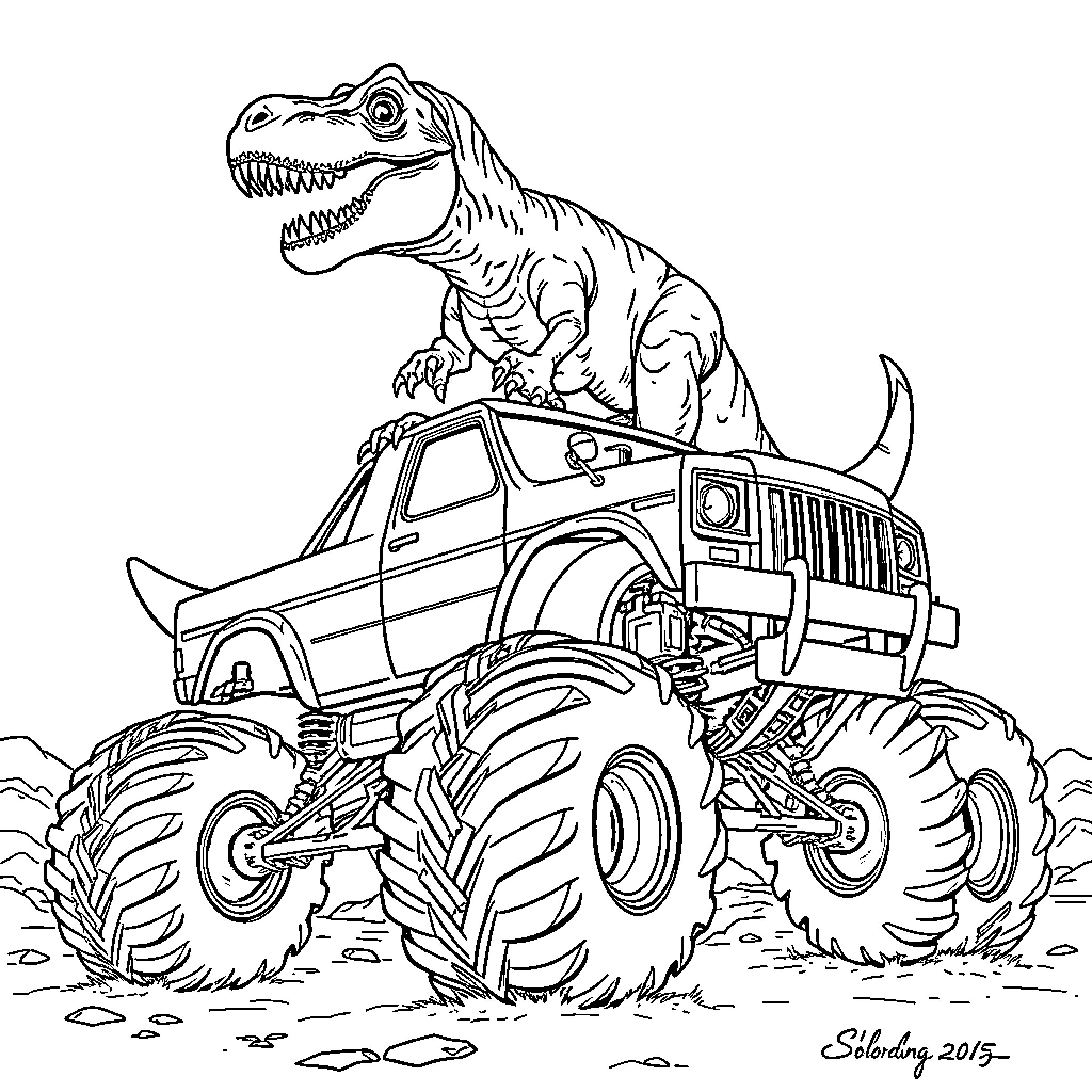 T-Rex Riding a Monster Truck in a Rugged Terrain Coloring Page (free black-and-white line drawing printable PDF for all, from beginners to advanced learners, including children, teens, adults, and seniors)