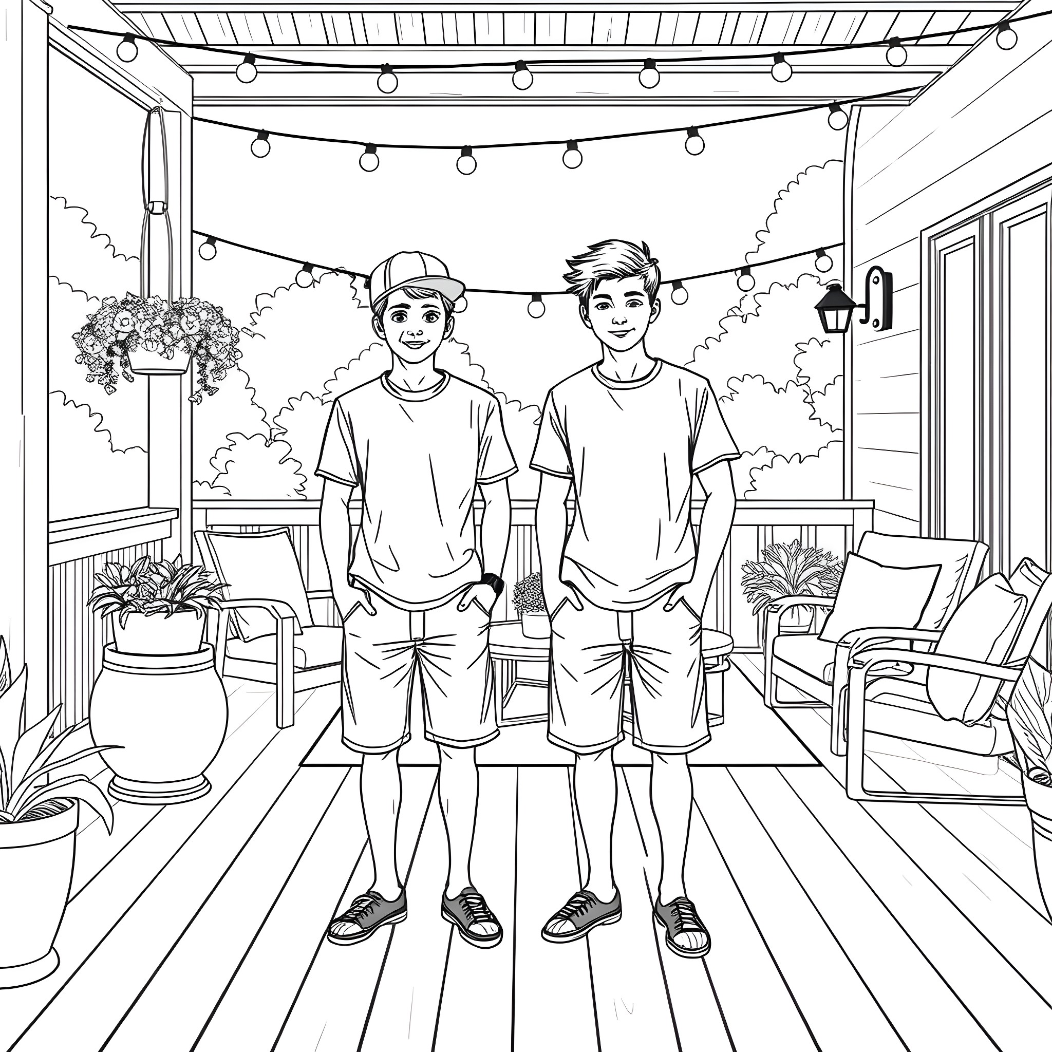 Teen Guys Enjoying Summer Outdoor Patio Coloring Page (free black-and-white line drawing printable PDF for all, from beginners to advanced learners, including children, teens, adults, and seniors)