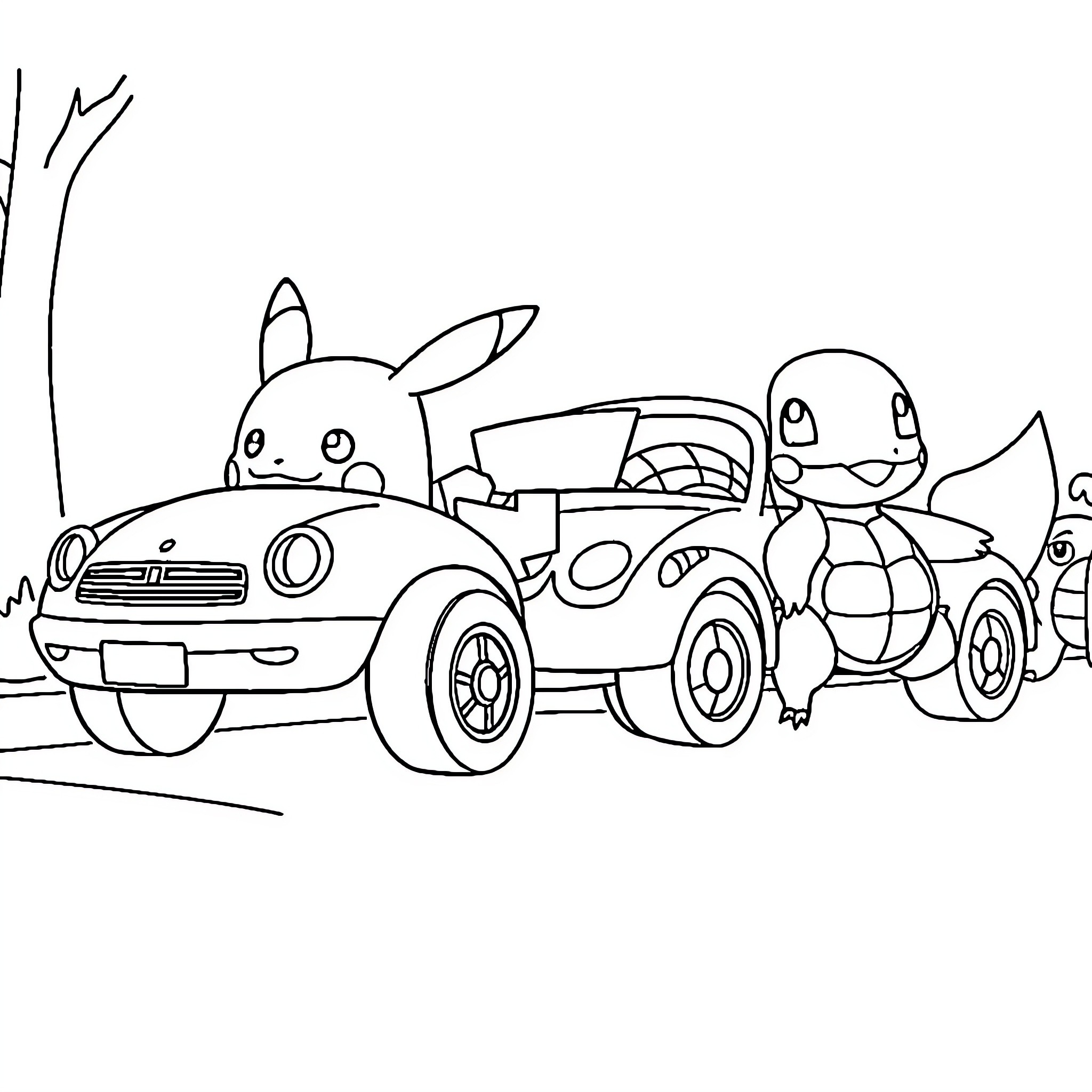 Car with cute cartoon characters Coloring Page (free black-and-white line drawing printable PDF for all, from beginners to advanced learners, including children, teens, adults, and seniors)