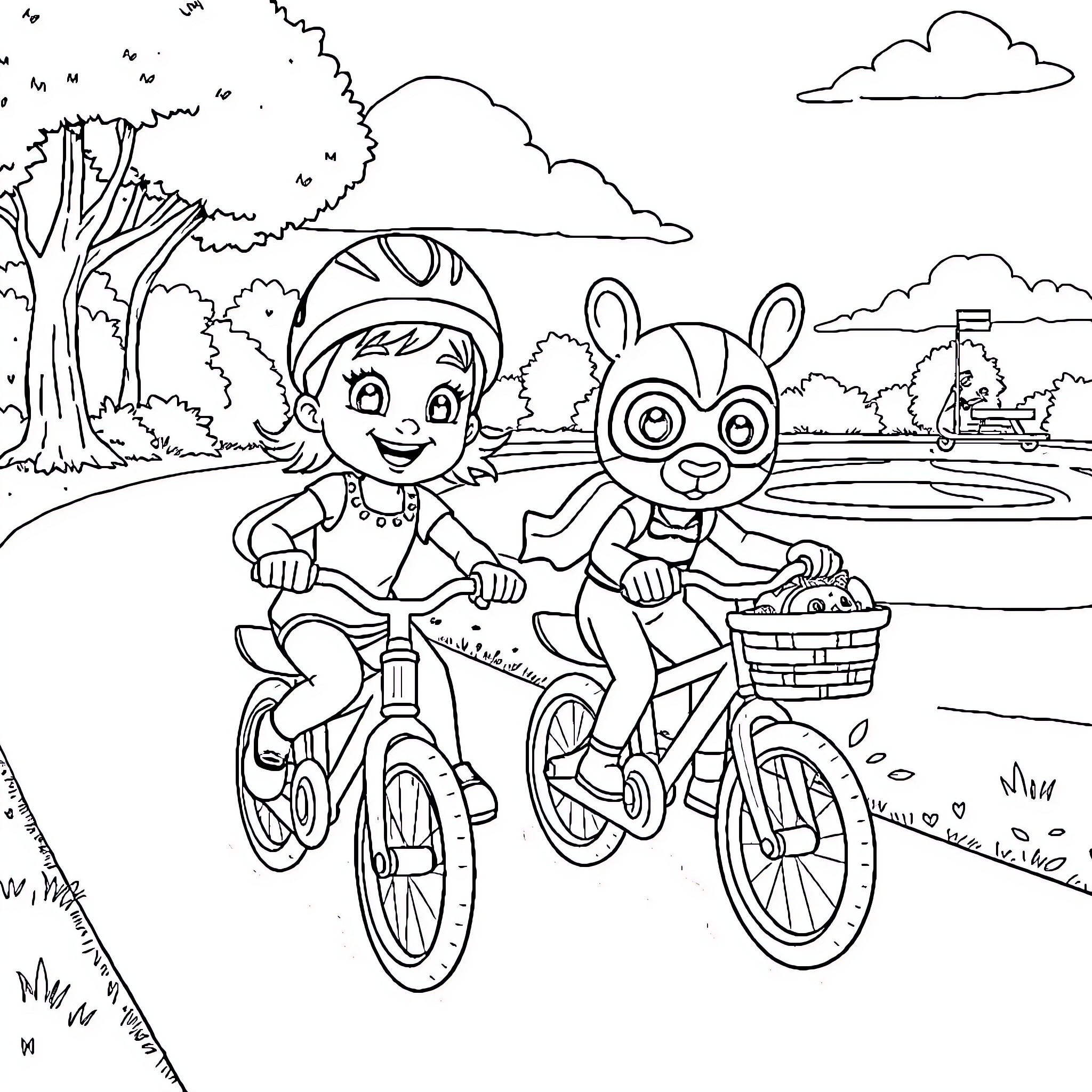Bingo: Kids Biking and Exploring Outdoors Coloring Page (free black-and-white line drawing printable PDF for all, from beginners to advanced learners, including children, teens, adults, and seniors)