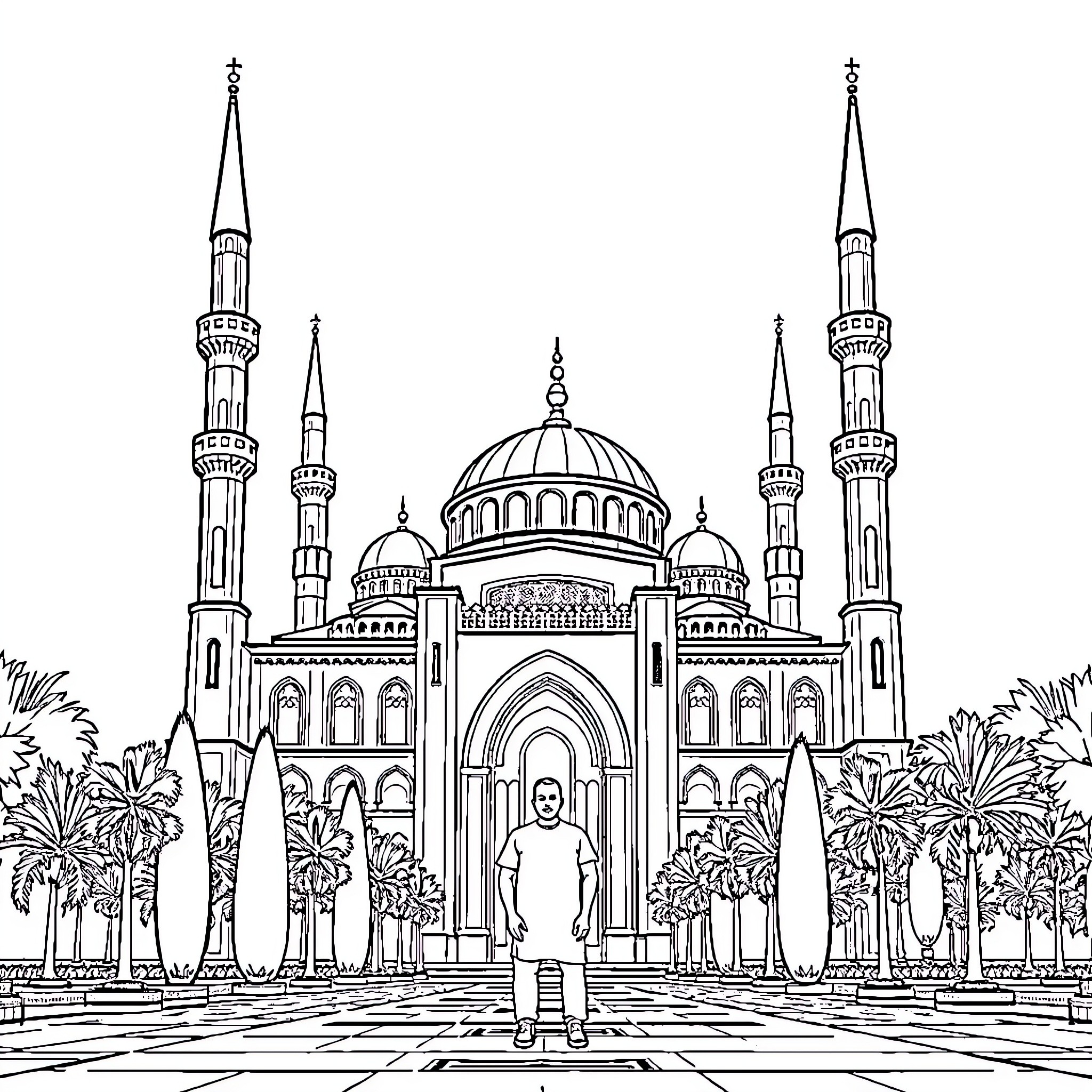 Goldorak standing before grand oriental palace Coloring Page (free black-and-white line drawing printable PDF for all, from beginners to advanced learners, including children, teens, adults, and seniors)