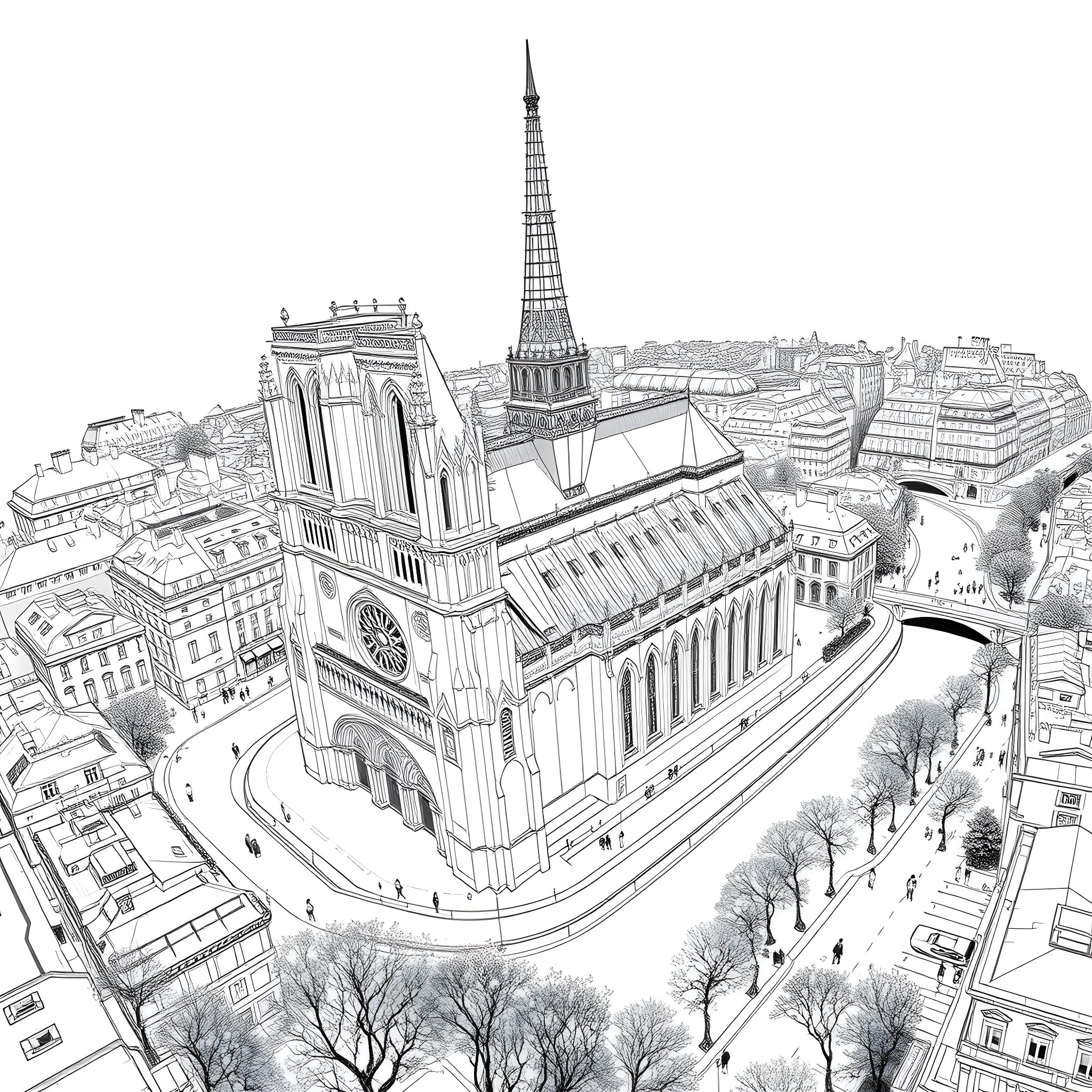Norte Dame Cathedral Surrounded by Iconic Parisian Landmarks Coloring Page (free black-and-white line drawing printable PDF for all, from beginners to advanced learners, including children, teens, adults, and seniors)