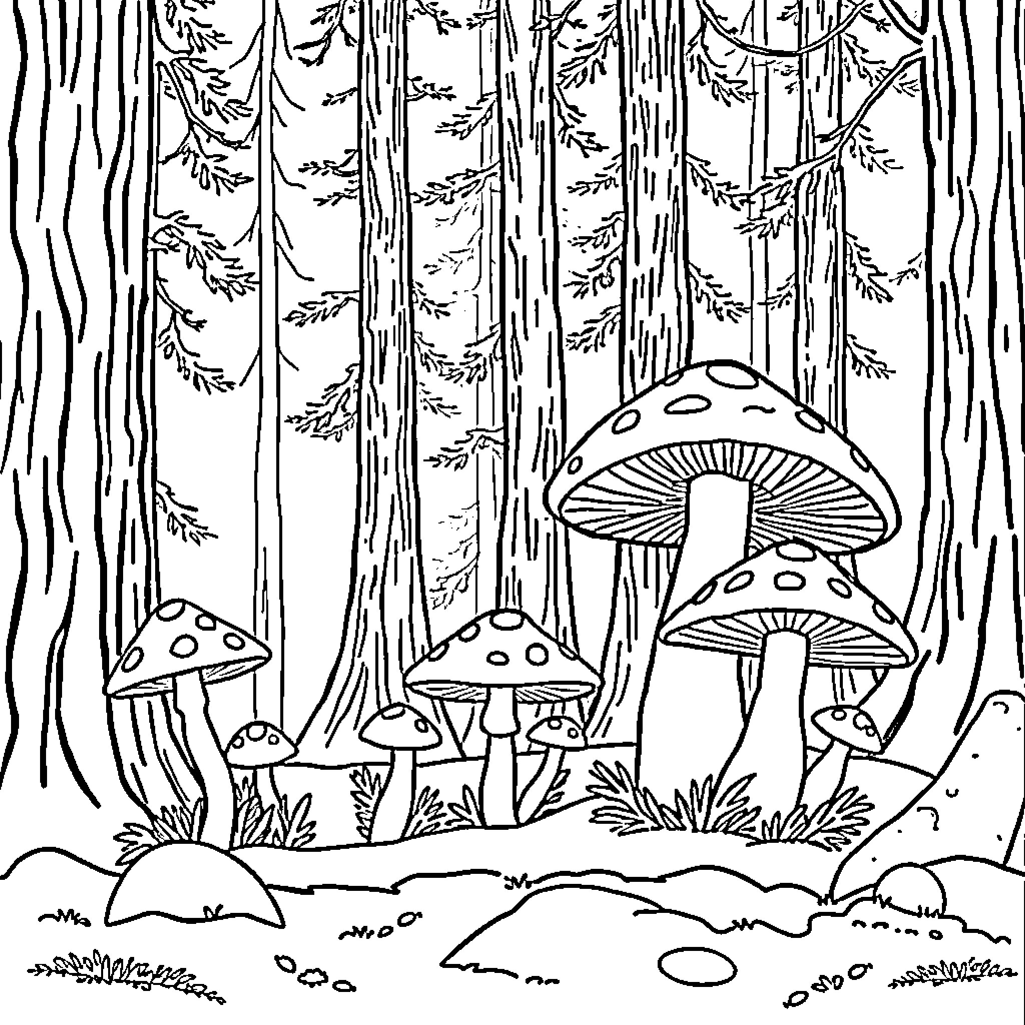 Mushroom forest scene with whimsical fungi Coloring Page (free black-and-white line drawing printable PDF for all, from beginners to advanced learners, including children, teens, adults, and seniors)