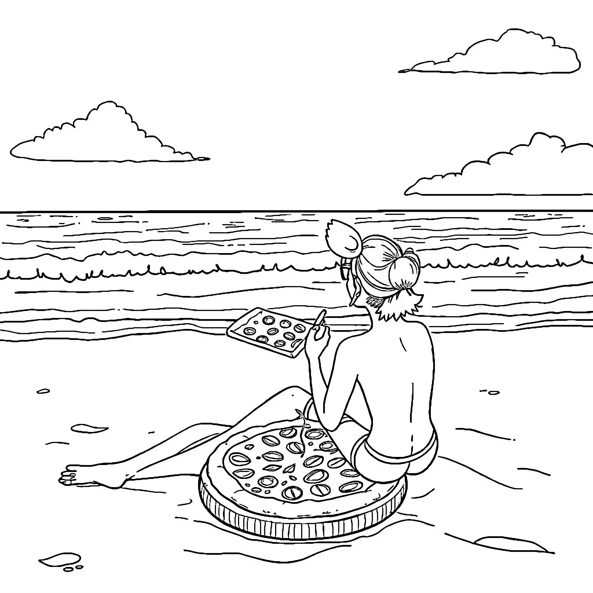 Pizza time at the beach Coloring Page (free black-and-white line drawing printable PDF for all, from beginners to advanced learners, including children, teens, adults, and seniors)