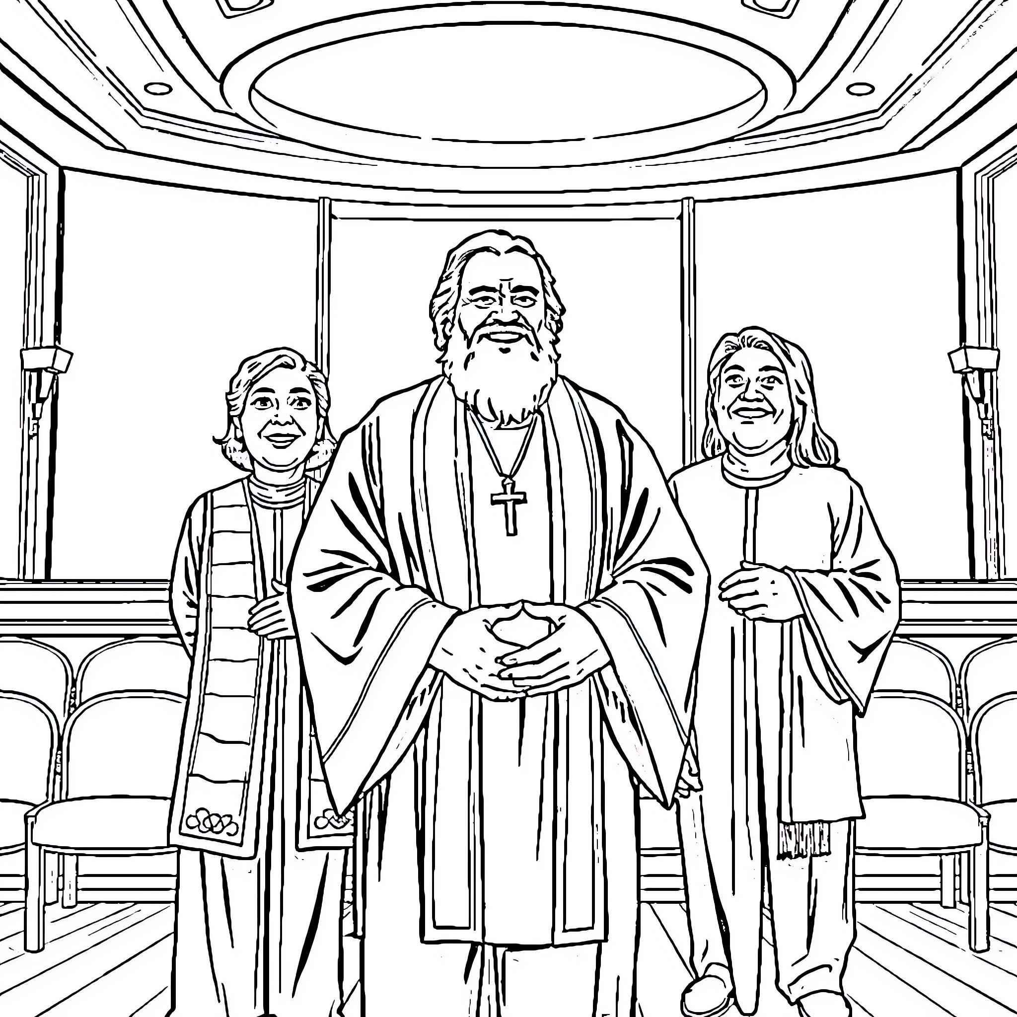 Russell Nelson in a religious ceremony with two others Coloring Page (free black-and-white line drawing printable PDF for all, from beginners to advanced learners, including children, teens, adults, and seniors)
