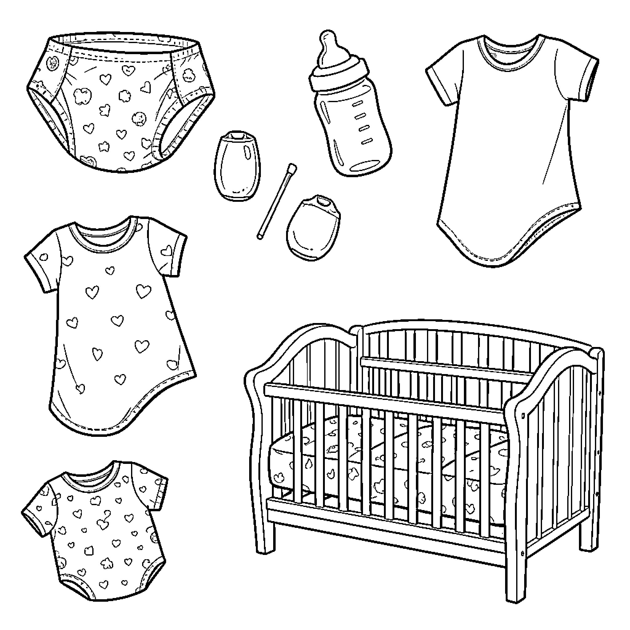Recien Nacido: Infant Essentials and Nursery Setup Coloring Page (free black-and-white line drawing printable PDF for all, from beginners to advanced learners, including children, teens, adults, and seniors)