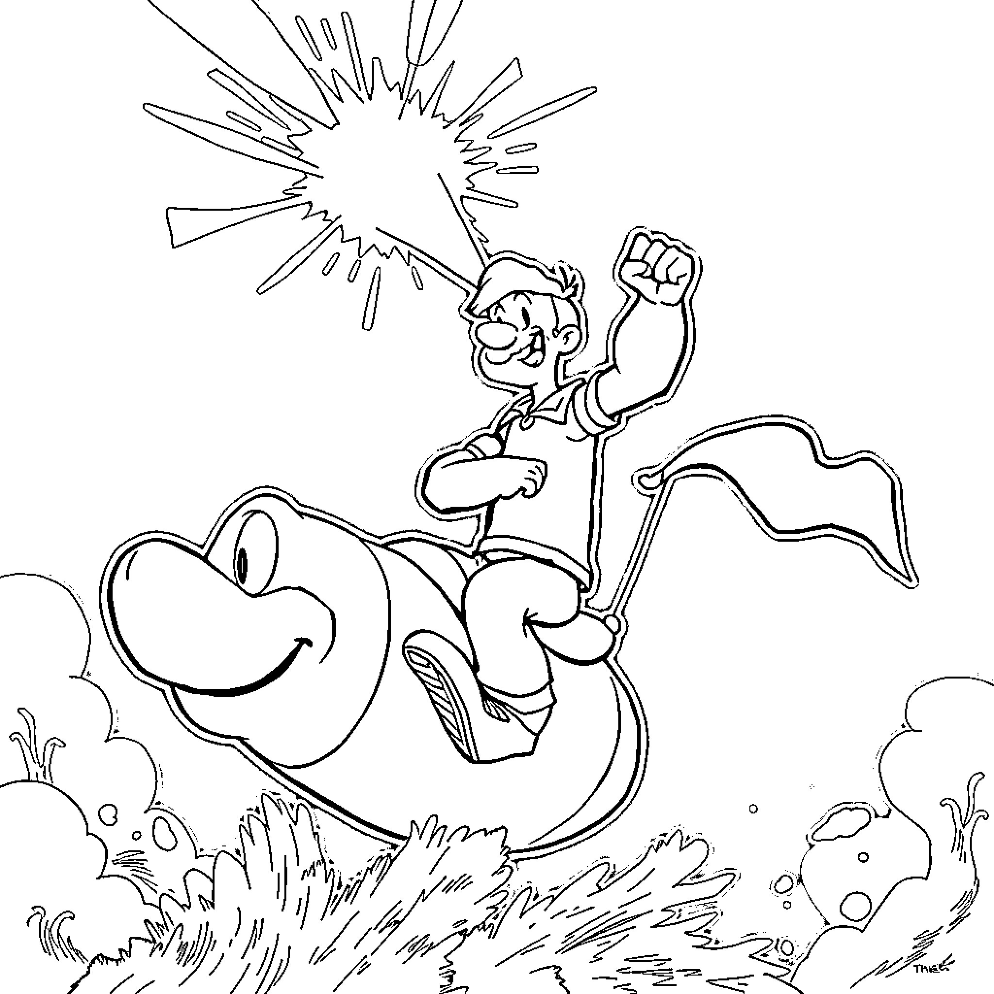 Popeye the Sailor Man in Action Coloring Page (free black-and-white line drawing printable PDF for all, from beginners to advanced learners, including children, teens, adults, and seniors)