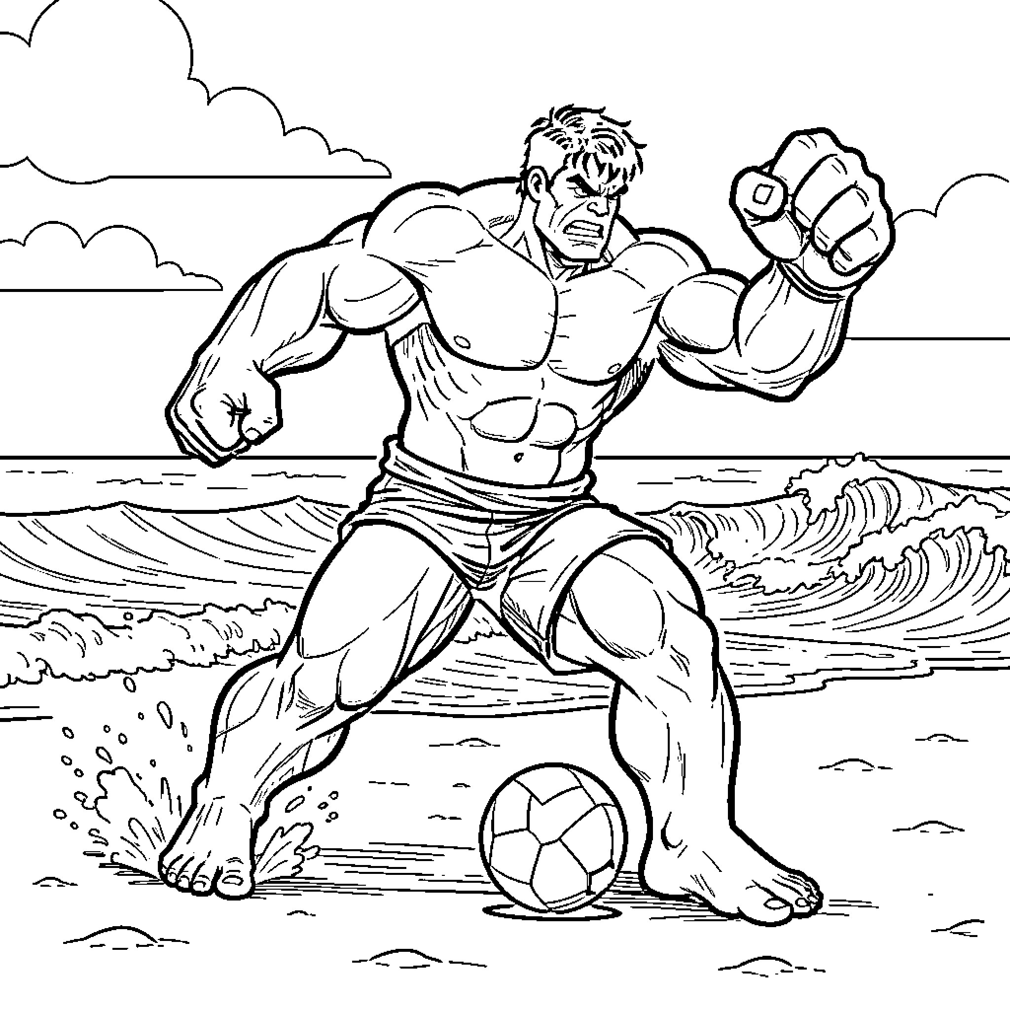 Hulk playing soccer on the beach Coloring Page (free black-and-white line drawing printable PDF for all, from beginners to advanced learners, including children, teens, adults, and seniors)
