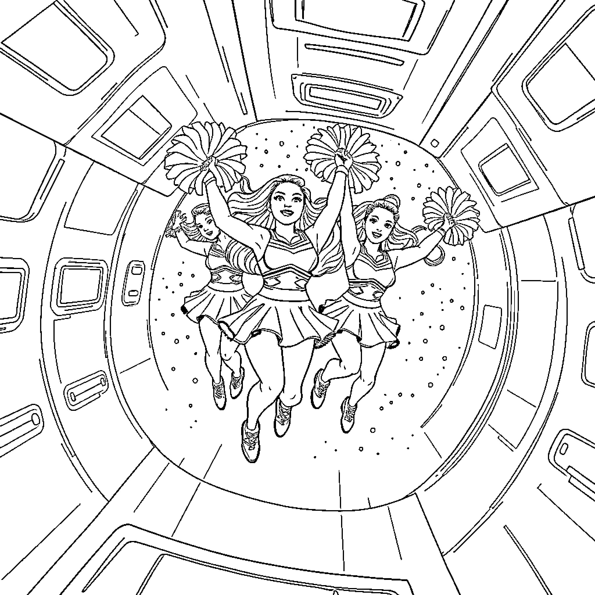 Cheerleaders performing lively routine with pom-poms Coloring Page (free black-and-white line drawing printable PDF for all, from beginners to advanced learners, including children, teens, adults, and seniors)