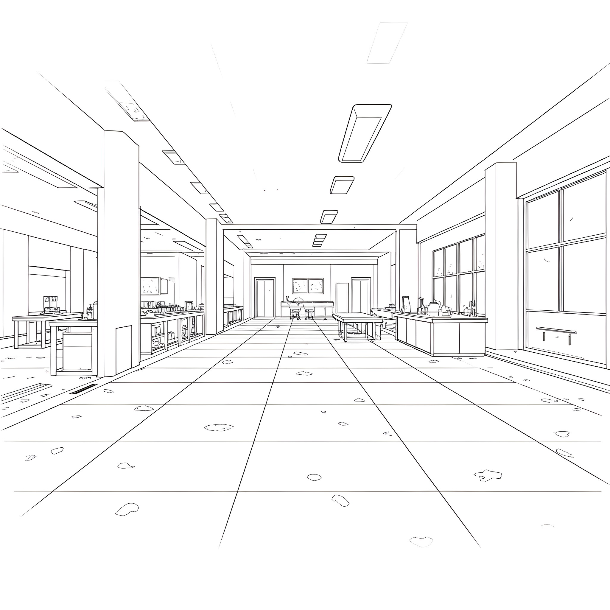 Laboratory with tables, equipment, and hallway Coloring Page (free black-and-white line drawing printable PDF for all, from beginners to advanced learners, including children, teens, adults, and seniors)