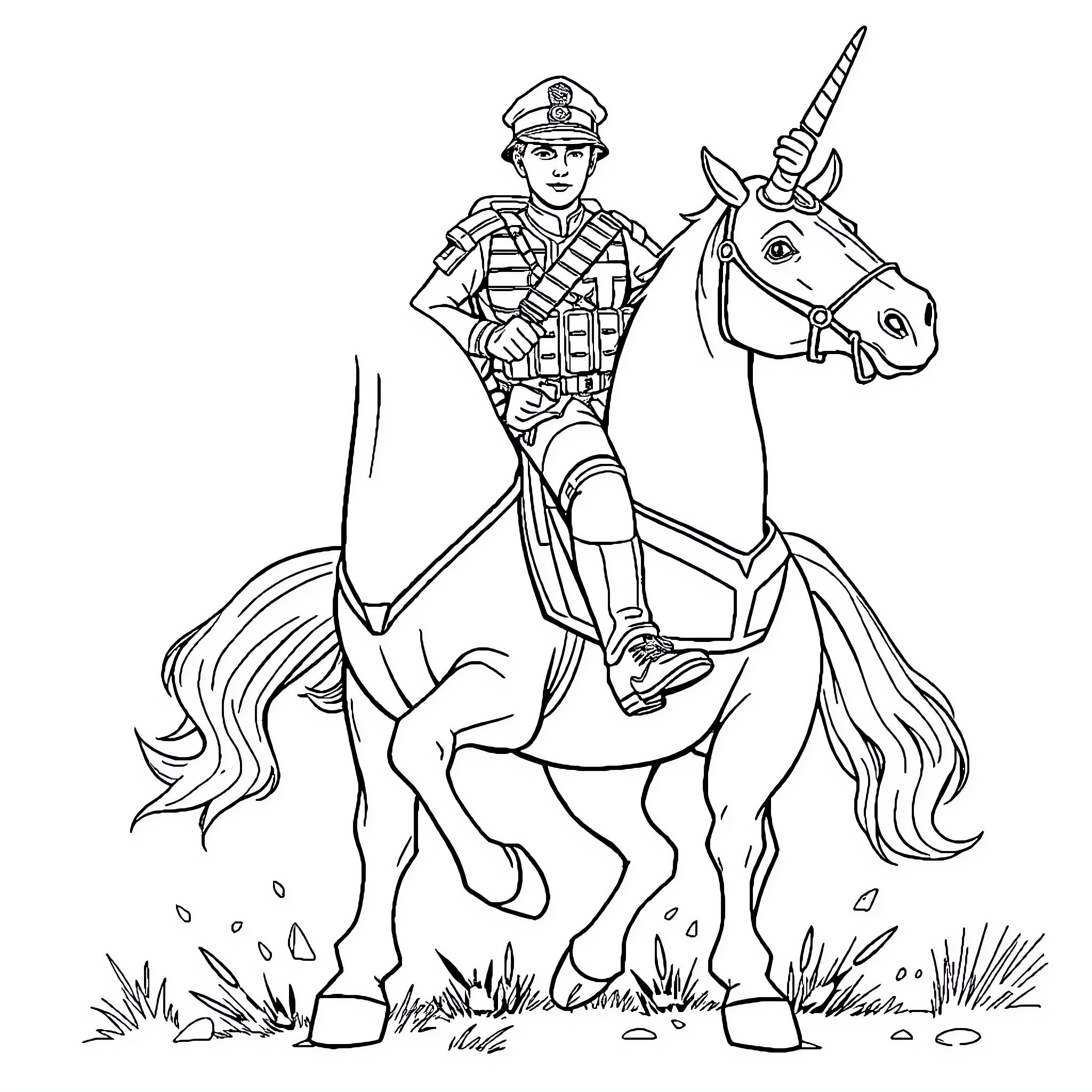 Soldier riding on a unicorn in a grassy field Coloring Page (free black-and-white line drawing printable PDF for all, from beginners to advanced learners, including children, teens, adults, and seniors)