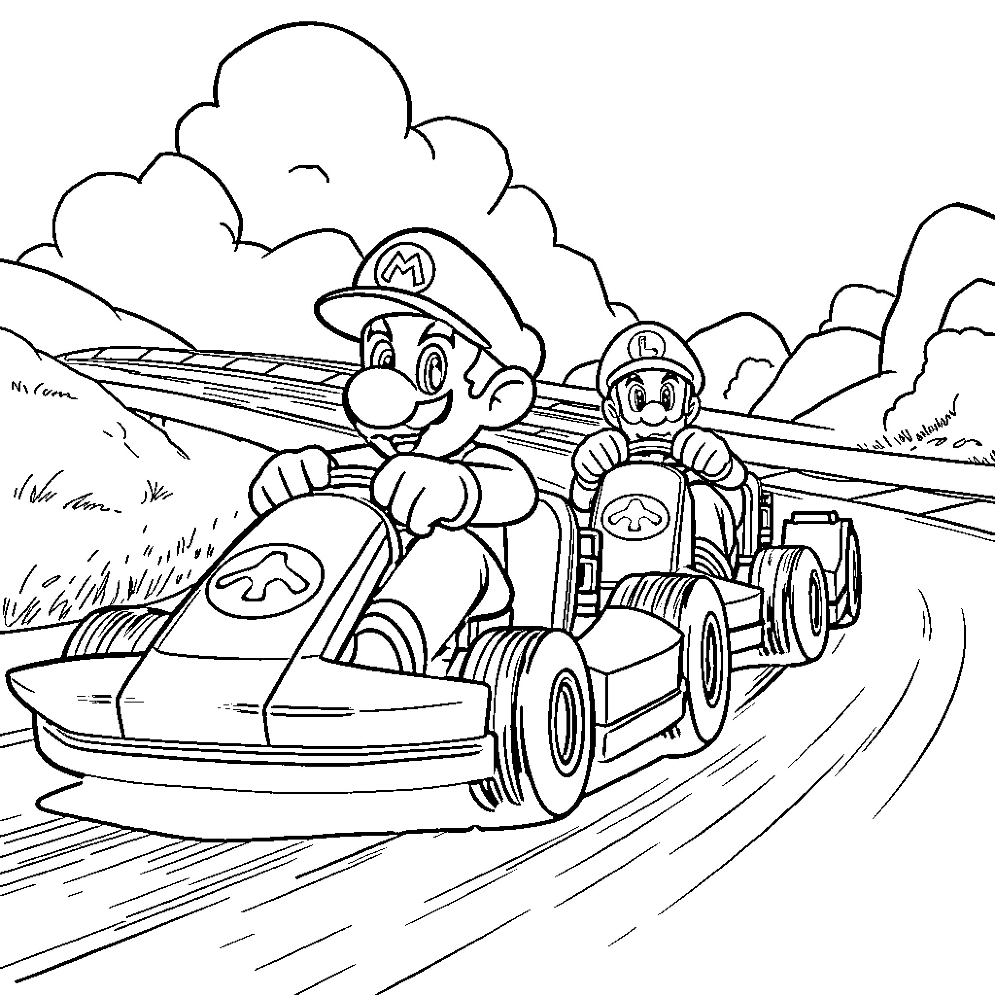 Mario and Luigi racing in karts on a winding track Coloring Page (free black-and-white line drawing printable PDF for all, from beginners to advanced learners, including children, teens, adults, and seniors)