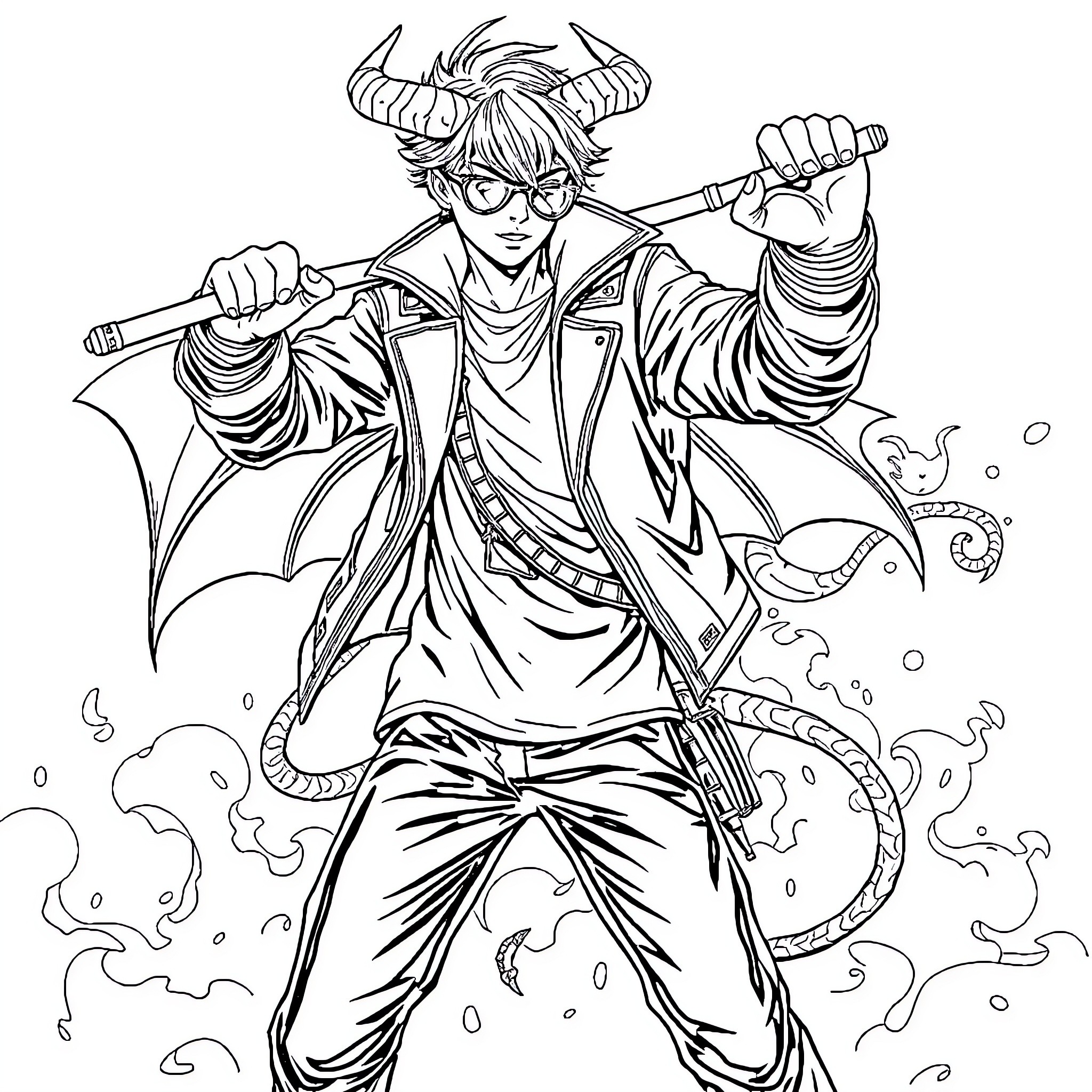Demon Hunter in action-packed adventure Coloring Page (free black-and-white line drawing printable PDF for all, from beginners to advanced learners, including children, teens, adults, and seniors)