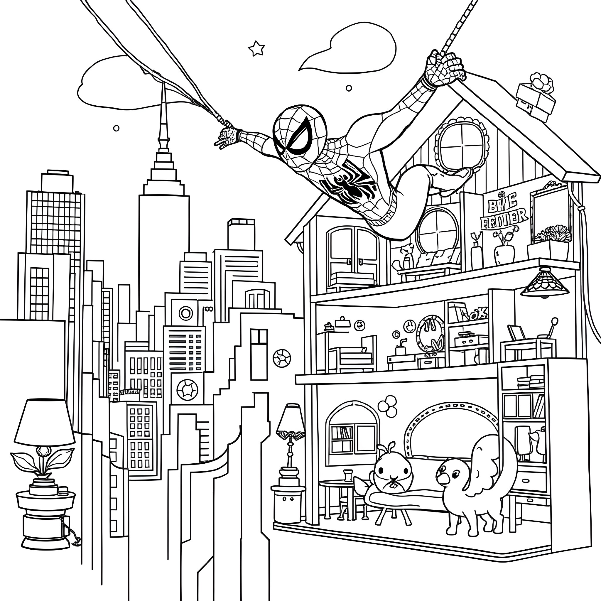 Spiderman swinging over a cityscape with a cozy room Coloring Page (free black-and-white line drawing printable PDF for all, from beginners to advanced learners, including children, teens, adults, and seniors)