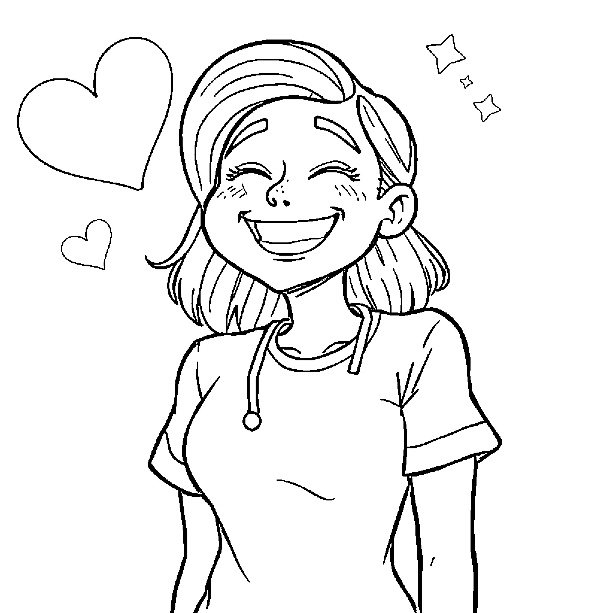 Aide Soignante Joyfully Smiling with Hearts Coloring Page (free black-and-white line drawing printable PDF for all, from beginners to advanced learners, including children, teens, adults, and seniors)