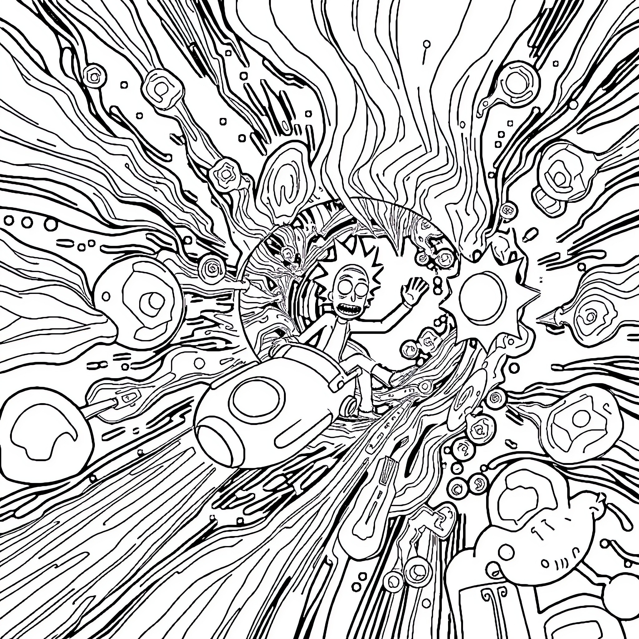 Rick And Morty in Intergalactic Adventure Coloring Page (free black-and-white line drawing printable PDF for all, from beginners to advanced learners, including children, teens, adults, and seniors)