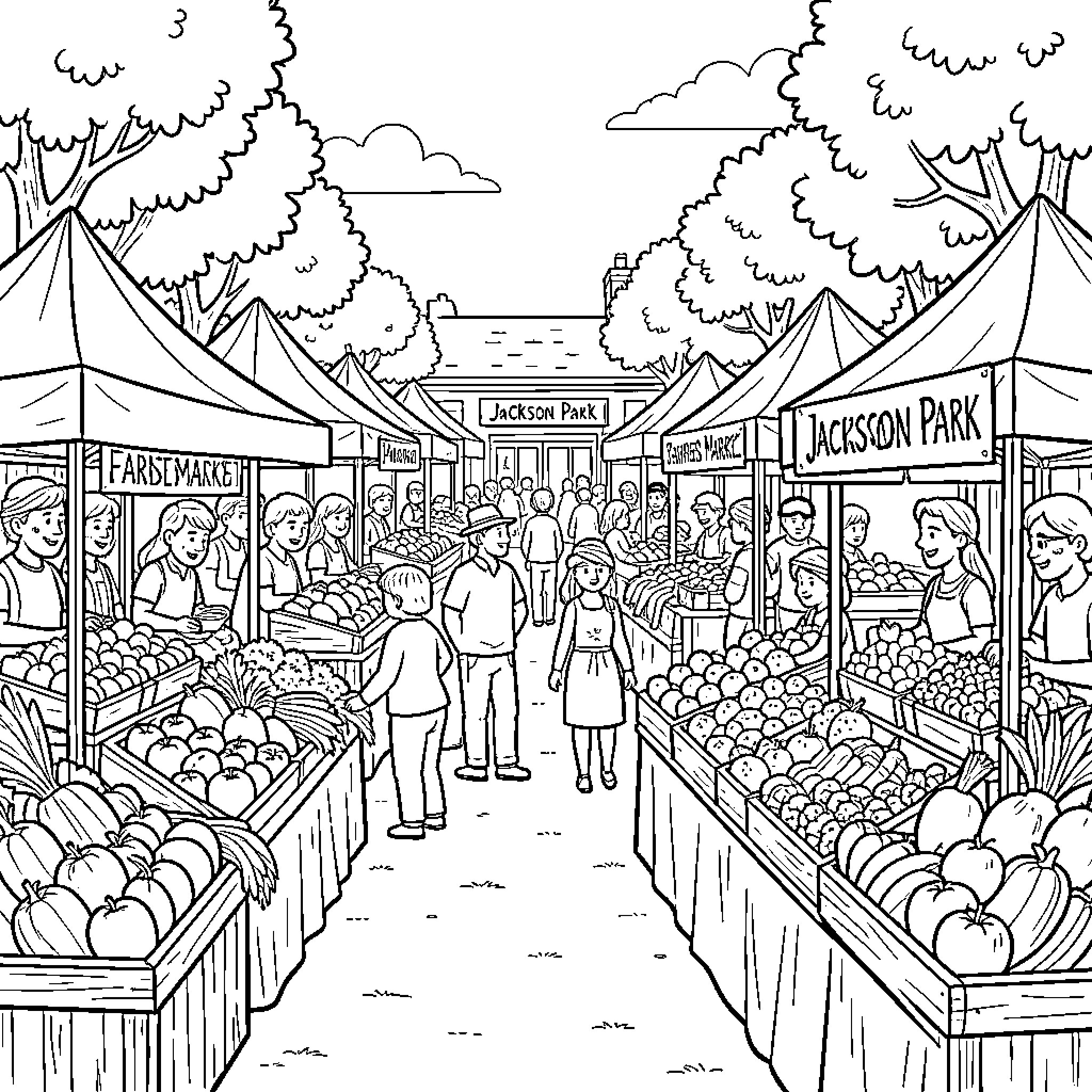 Market scene with crowds and produce stalls Coloring Page (free black-and-white line drawing printable PDF for all, from beginners to advanced learners, including children, teens, adults, and seniors)