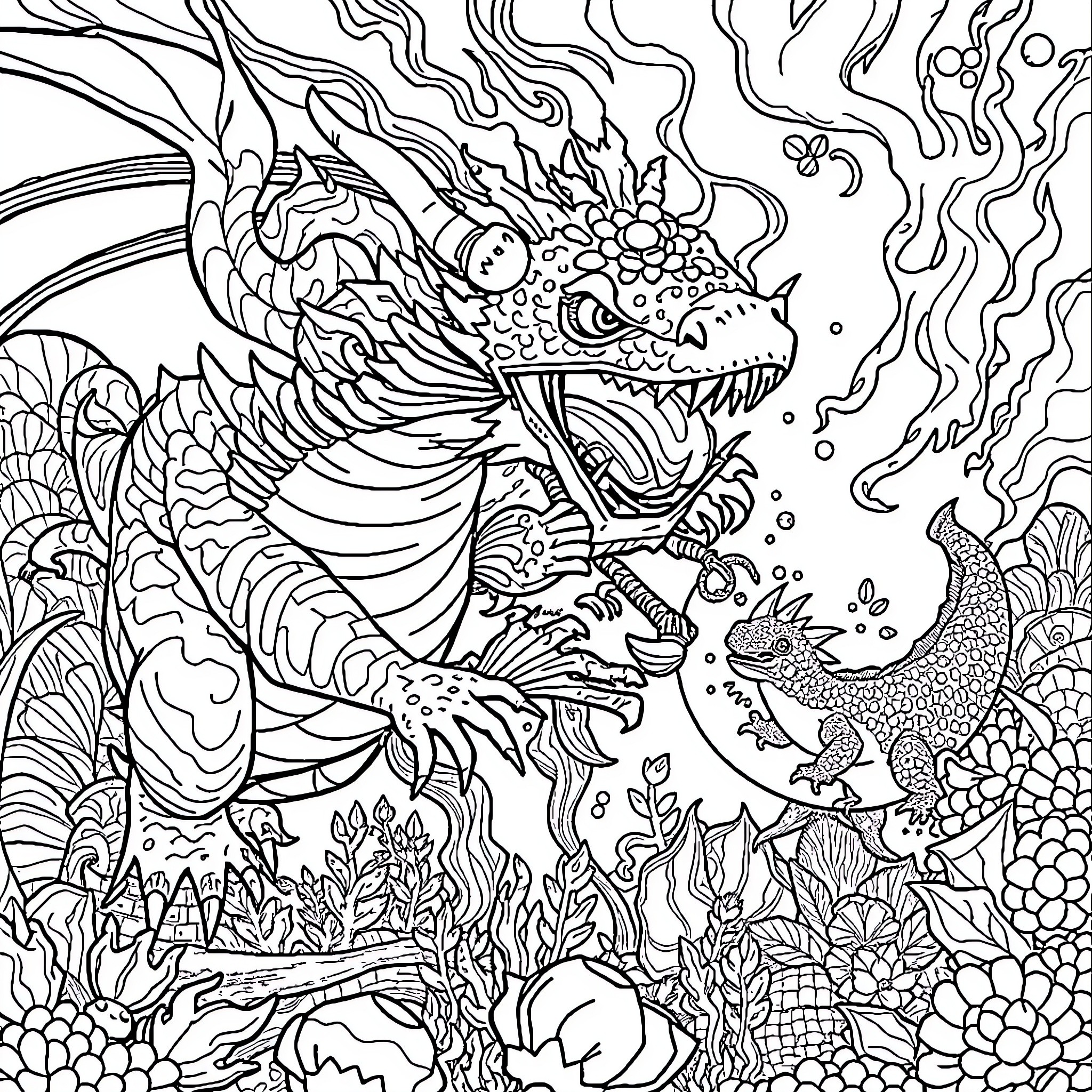 Axolotl creatures exploring underwater wonderland Coloring Page (free black-and-white line drawing printable PDF for all, from beginners to advanced learners, including children, teens, adults, and seniors)