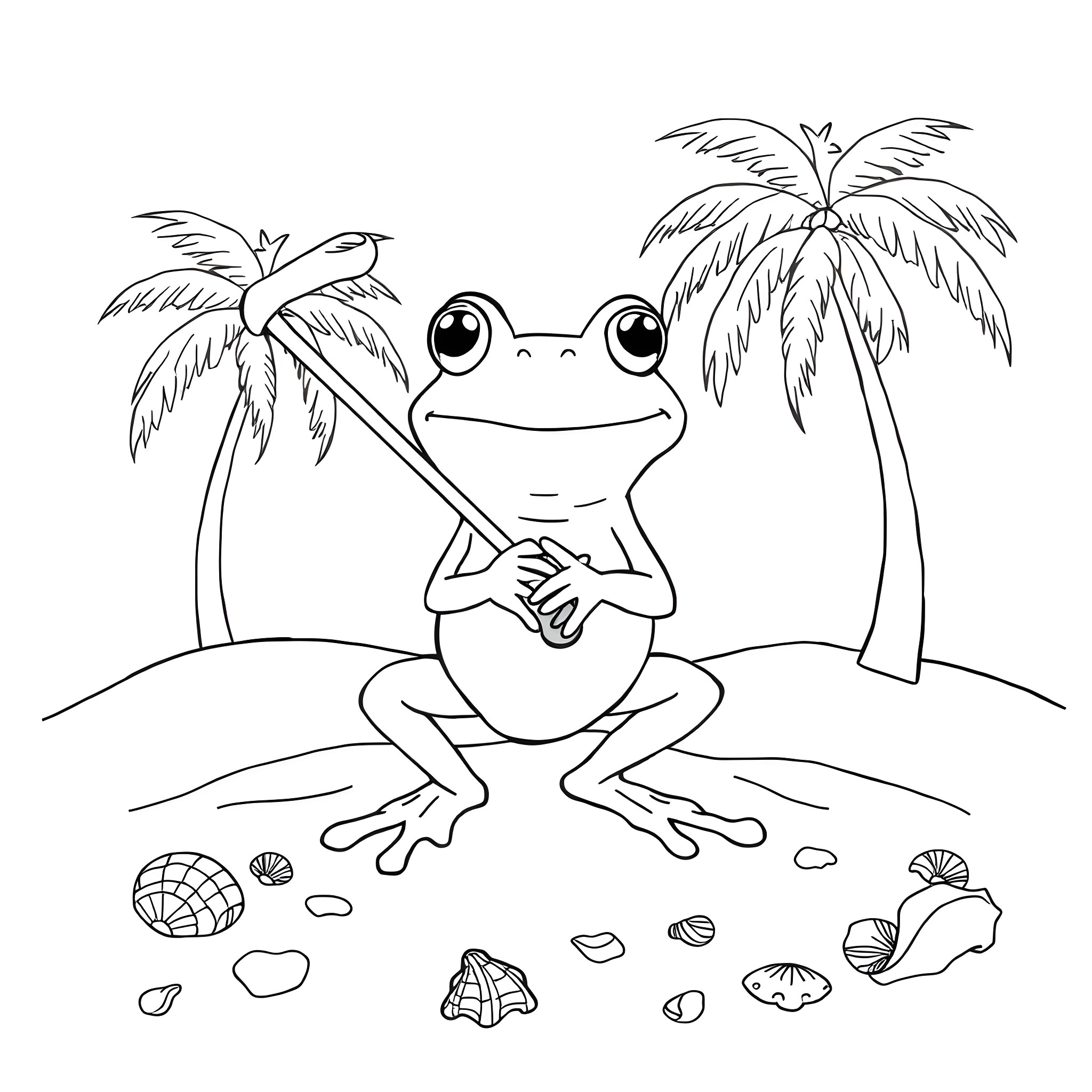 Frog relaxing on the beach with palm trees Coloring Page (free black-and-white line drawing printable PDF for all, from beginners to advanced learners, including children, teens, adults, and seniors)