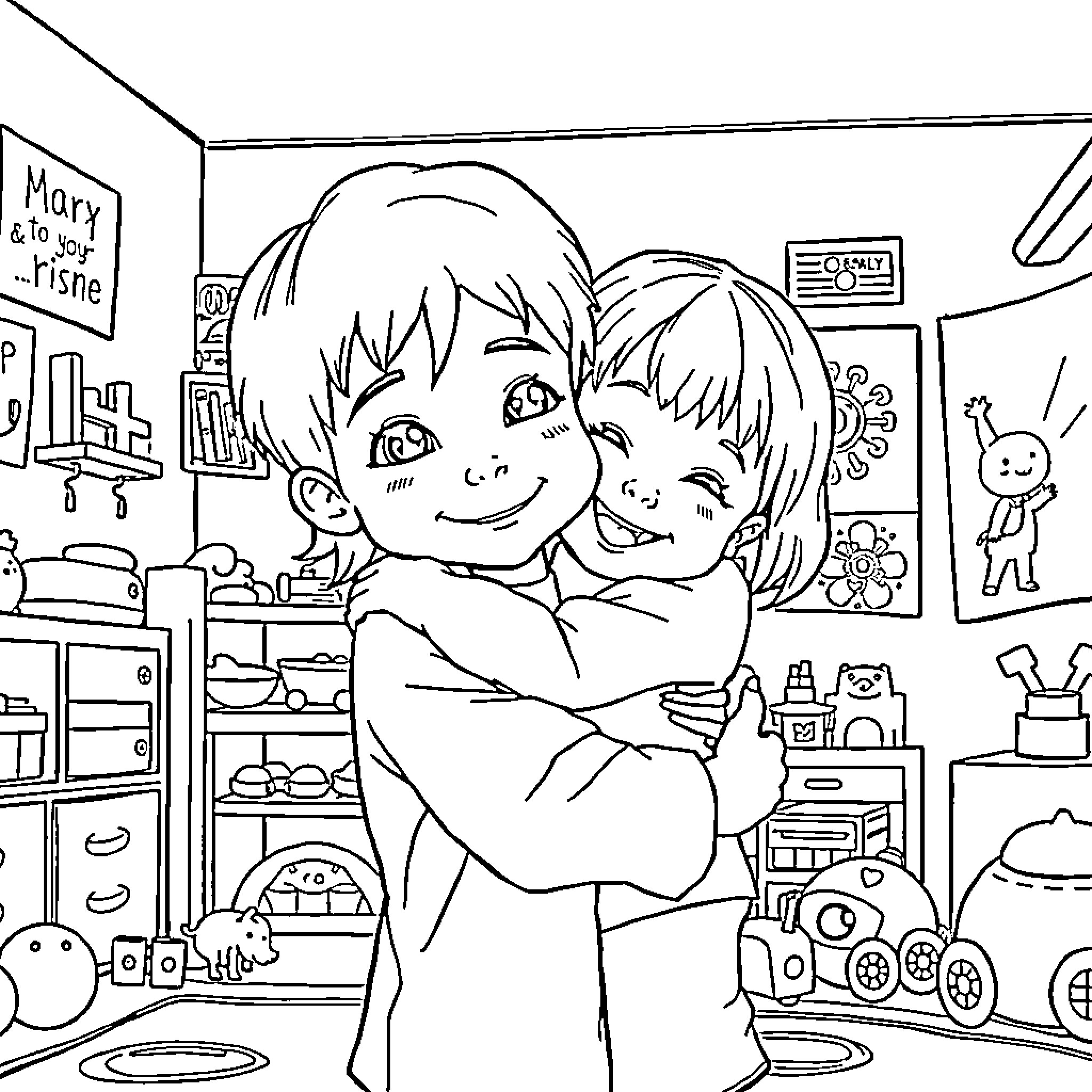Child embracing in a cluttered room Coloring Page (free black-and-white line drawing printable PDF for all, from beginners to advanced learners, including children, teens, adults, and seniors)