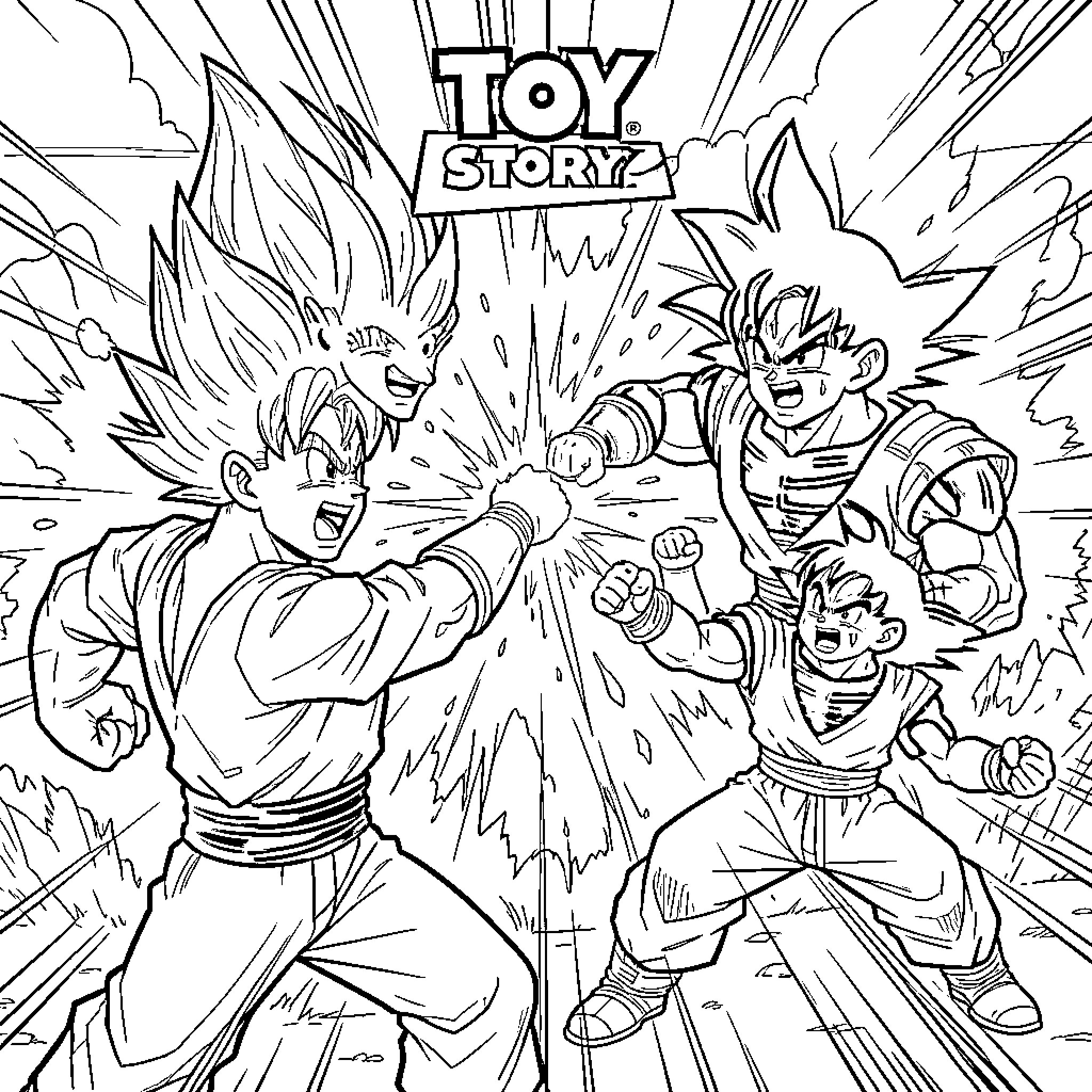 Toy warriors engaging in an intense battle scene Coloring Page (free black-and-white line drawing printable PDF for all, from beginners to advanced learners, including children, teens, adults, and seniors)